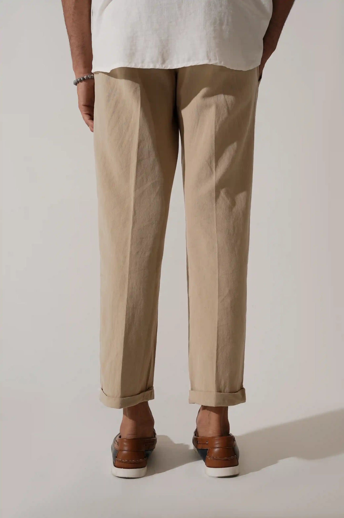 BEIGE LINEN TURNUP PANTS