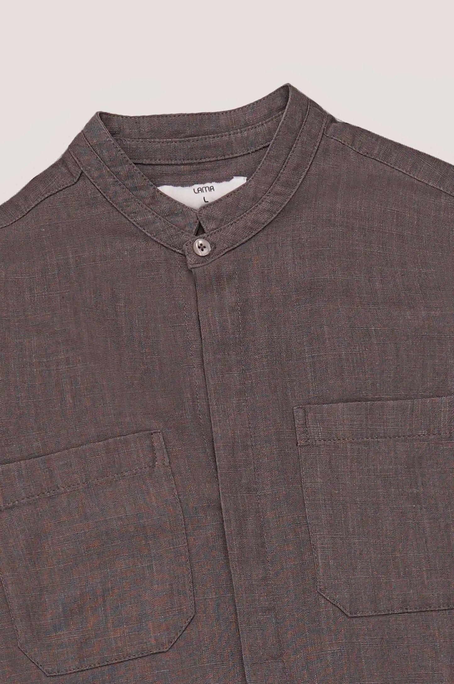 GREY DOUBLE POCKET BAND COLLAR SHIRT