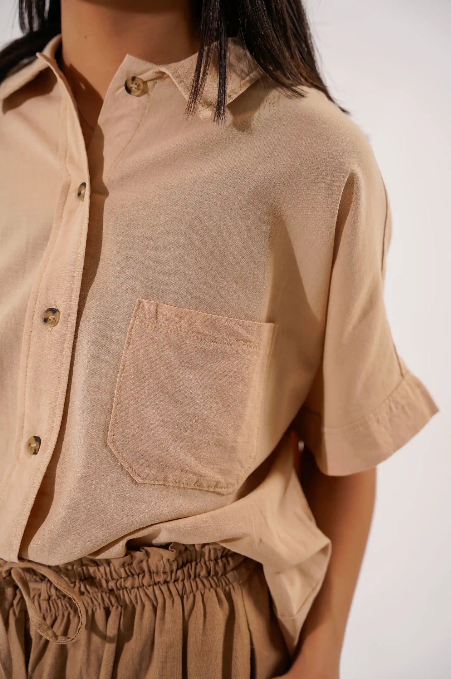 Beige Women Button Down Shirt