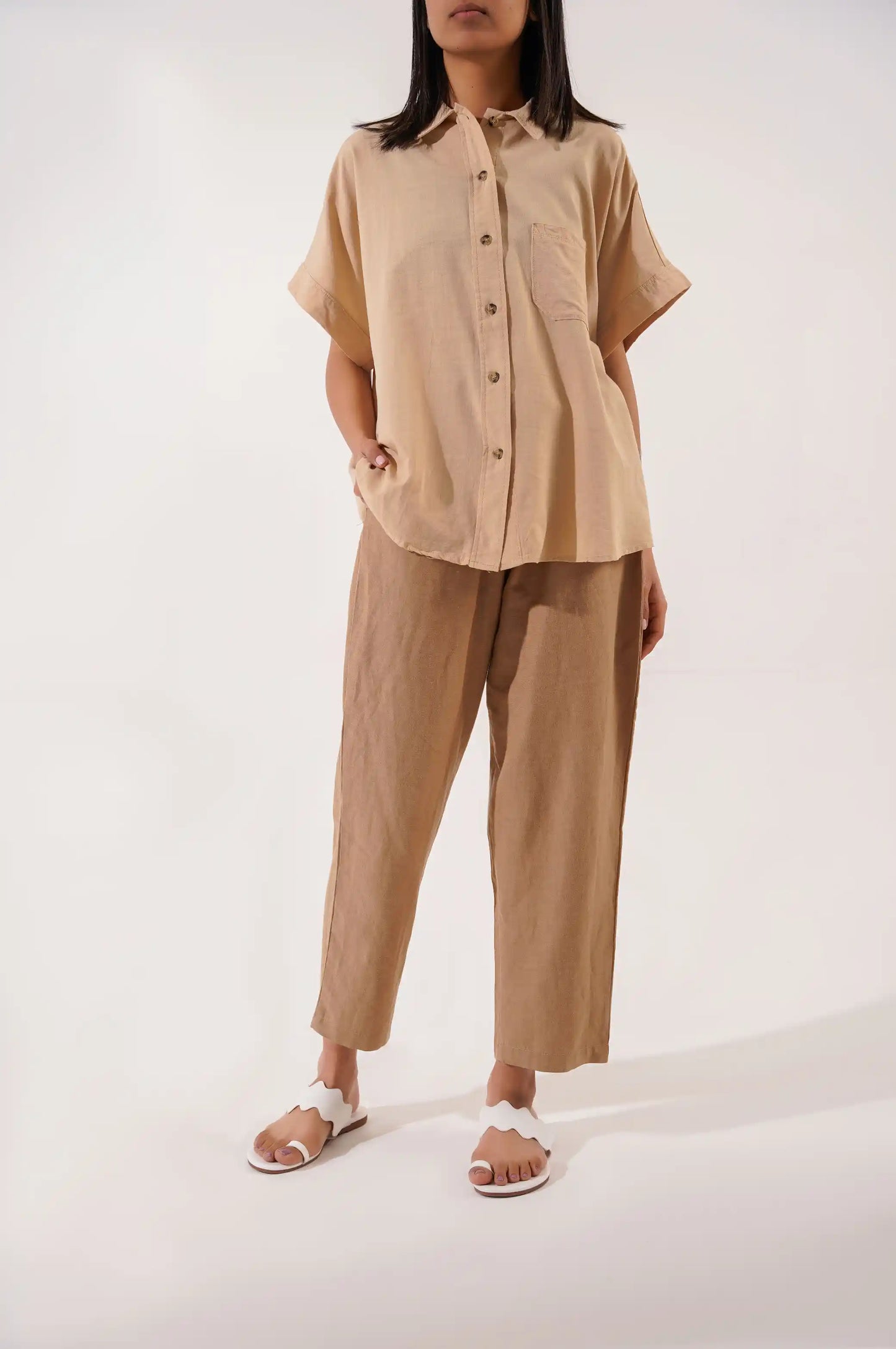 Beige Women Button Down Shirt