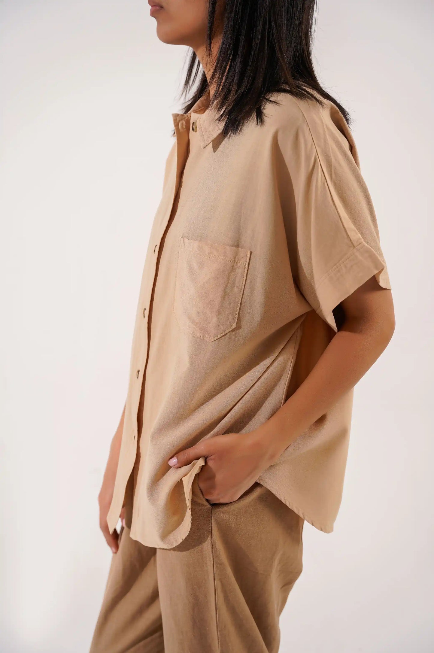 Beige Women Button Down Shirt