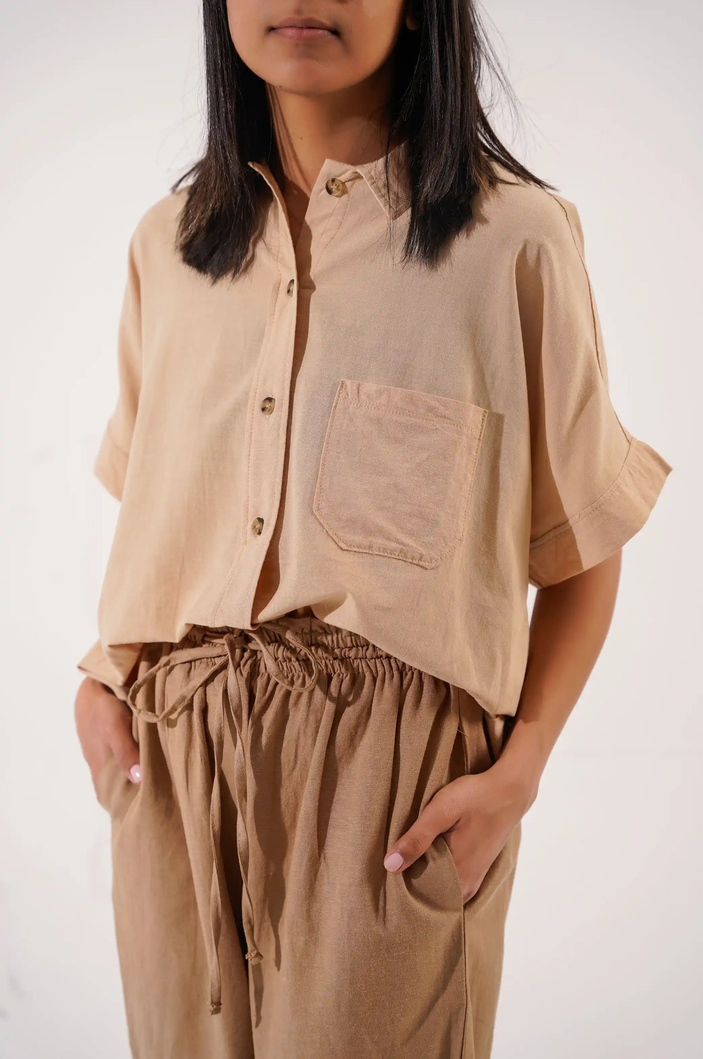 Beige Women Button Down Shirt