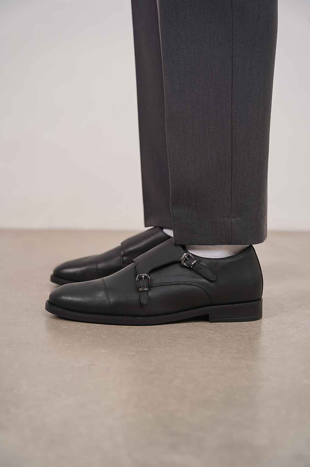 BLACK DOUBLE MONK LEATHER SHOES