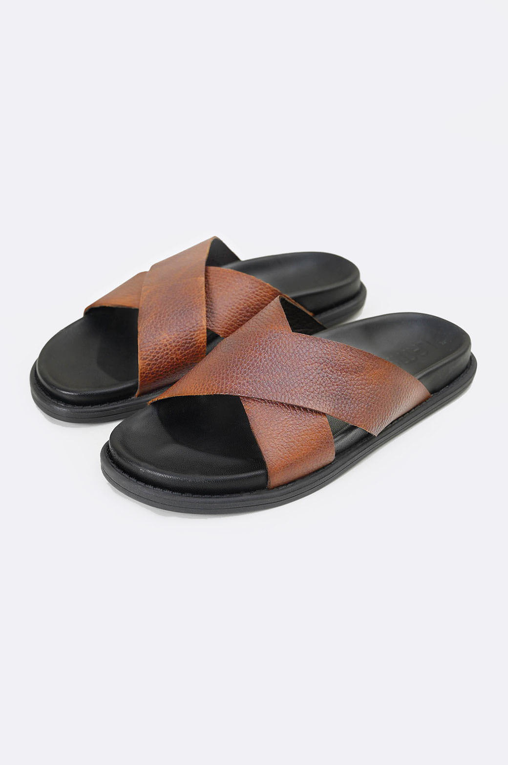 CROSSOVER LEATHER SLIPPERS-COGNAC