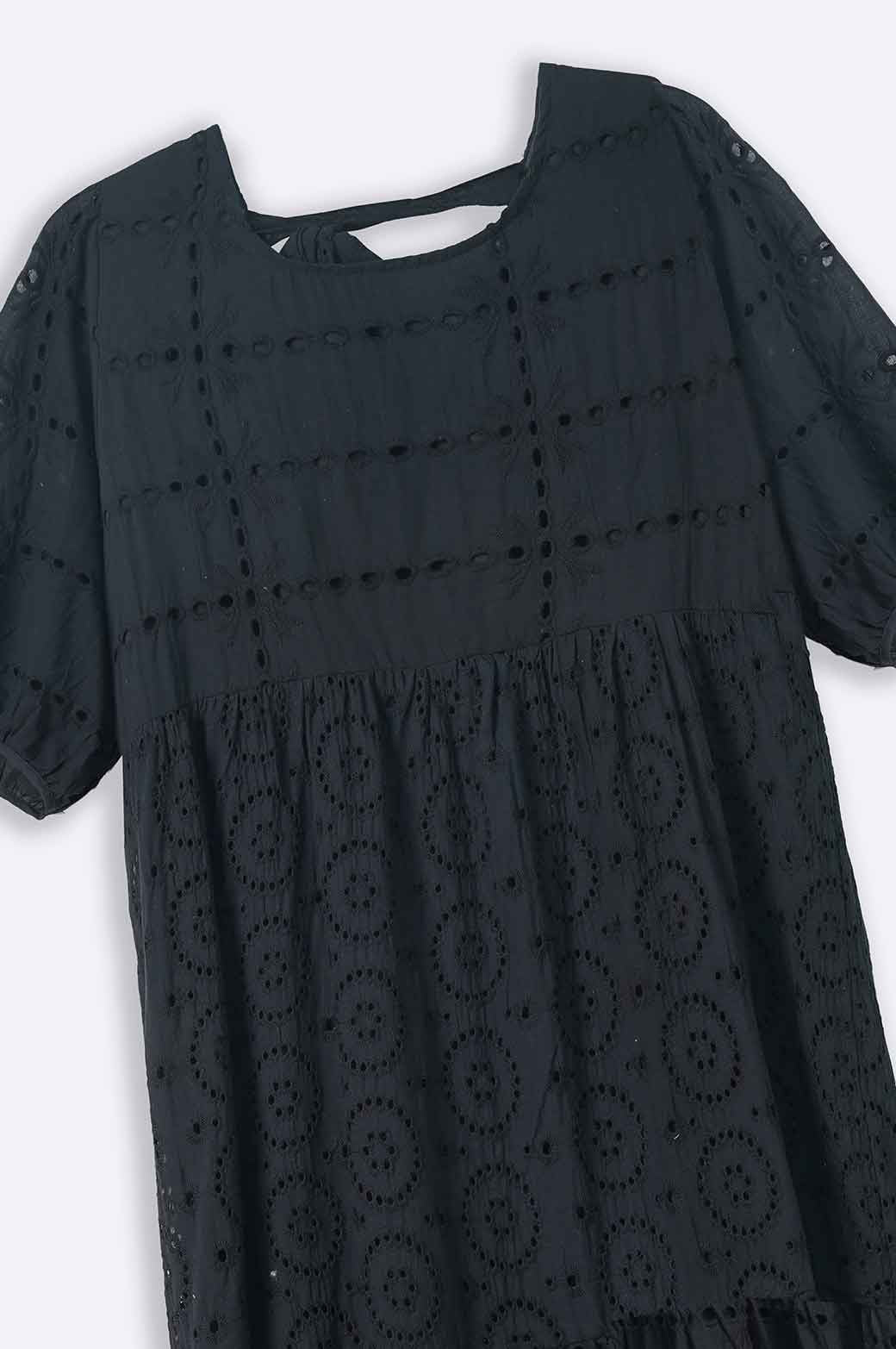 BLACK EMBROIDERED TIER DRESS