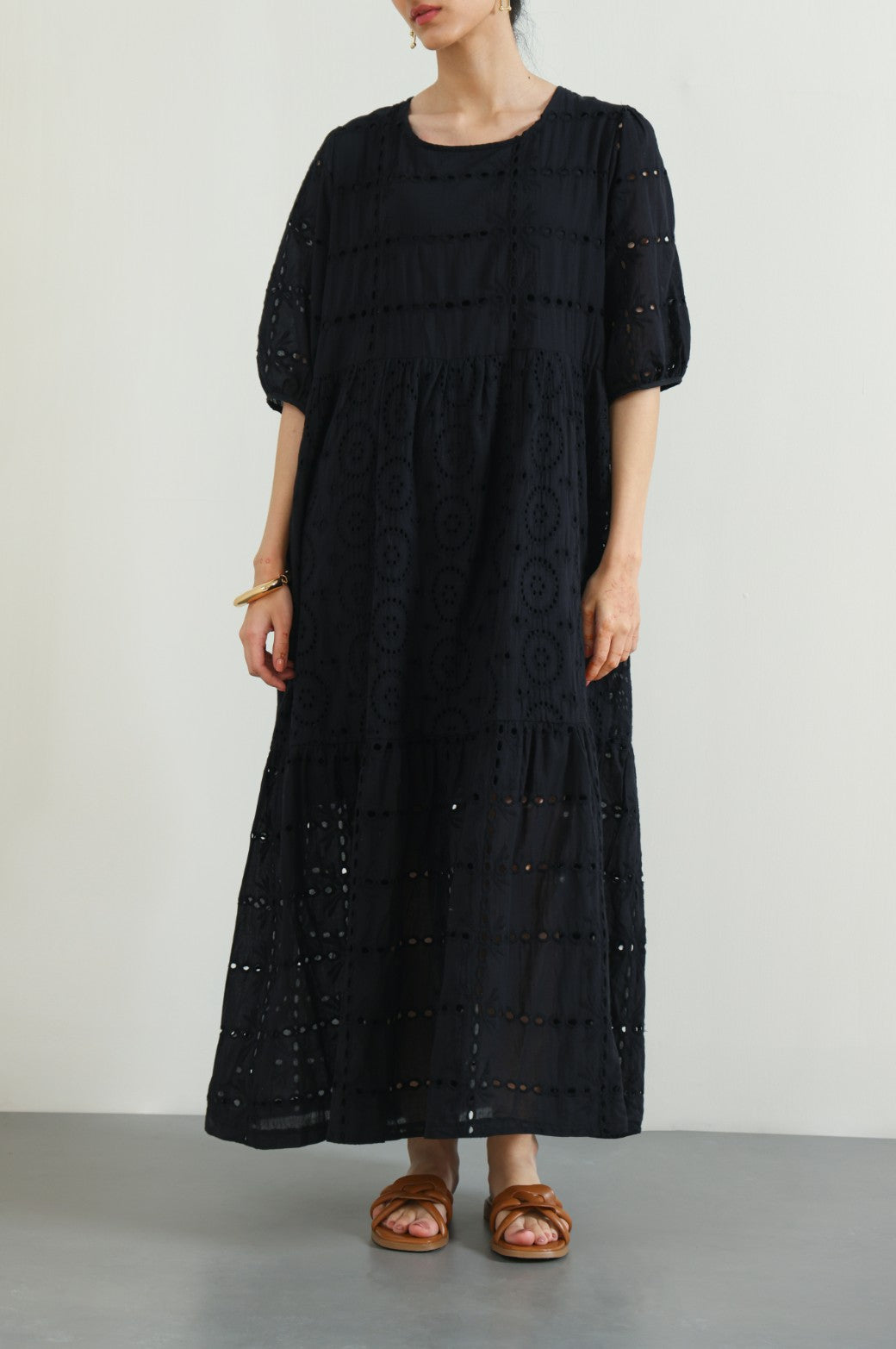BLACK EMBROIDERED TIER DRESS