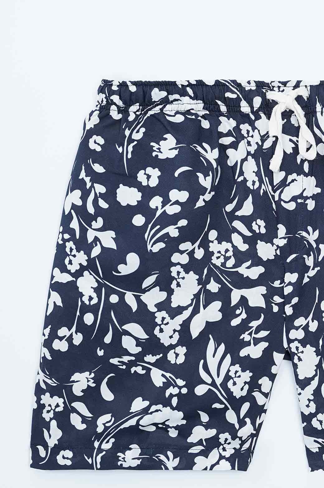 NAVY PRINTED DRAWSTRING SHORTS