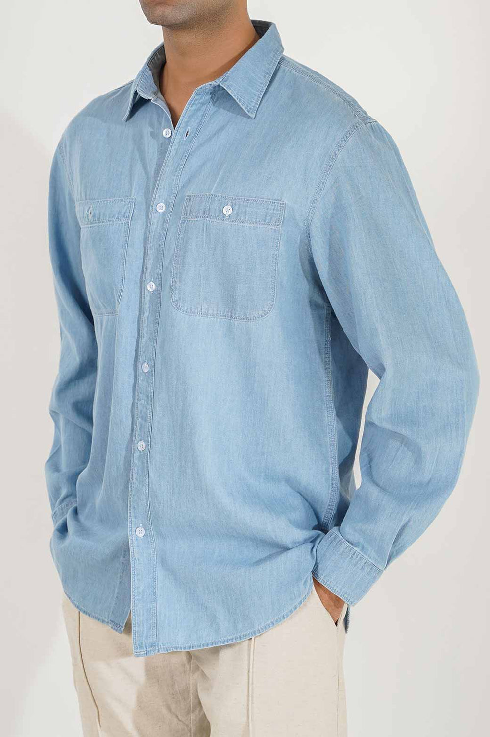 LIGHT BLUE DENIM SHIRT WITH PATCH POCKETS