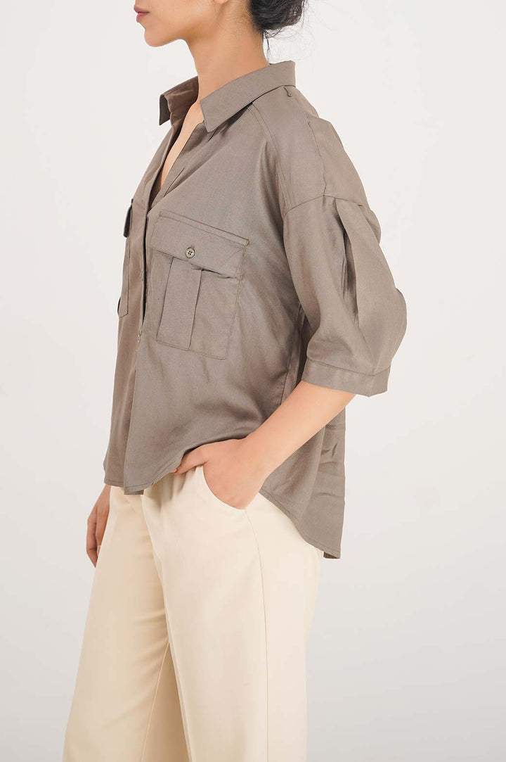 GREEN CROP BUTTON DOWN SHIRT