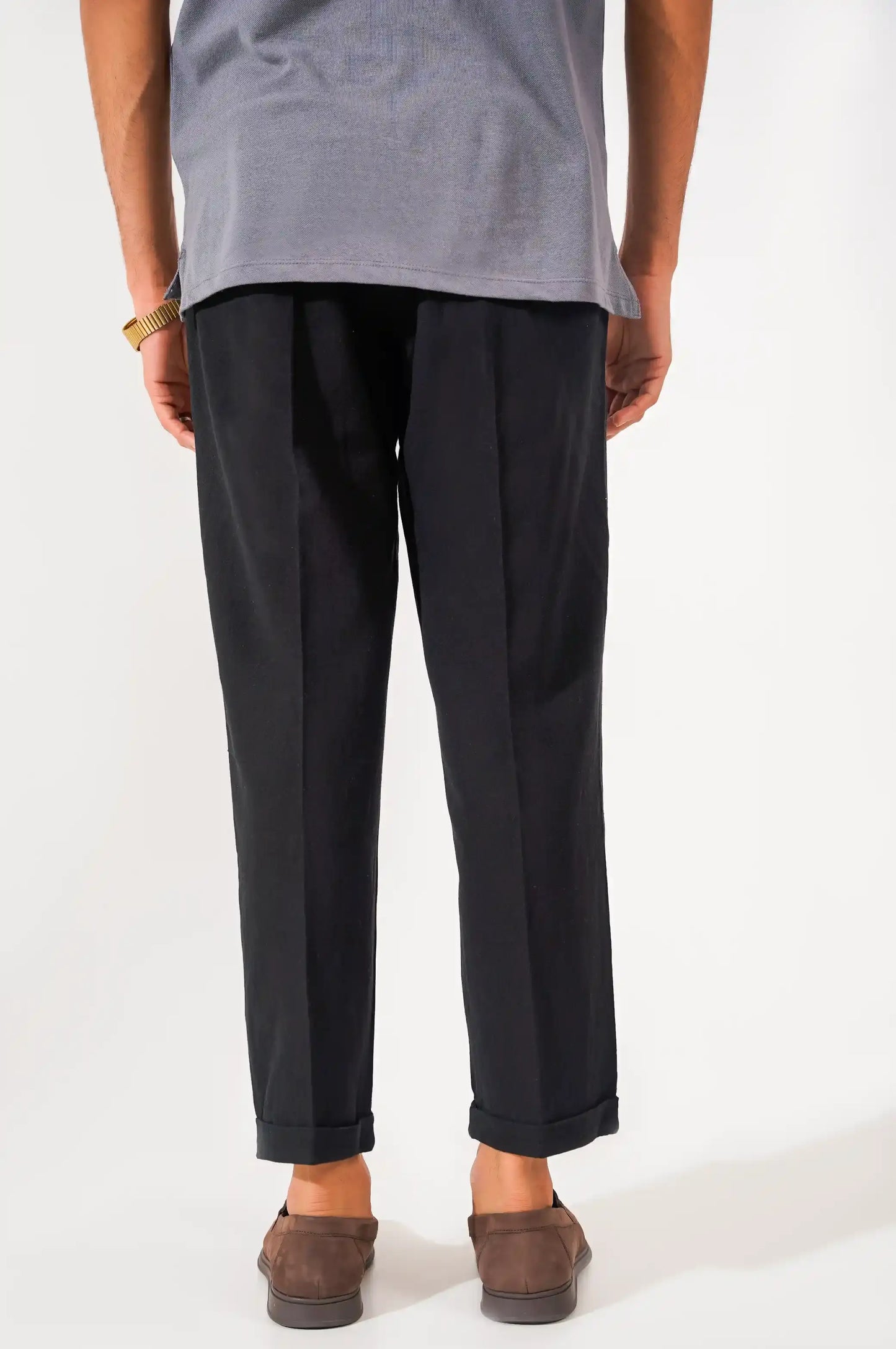 BLACK LINEN TURNUP PANTS