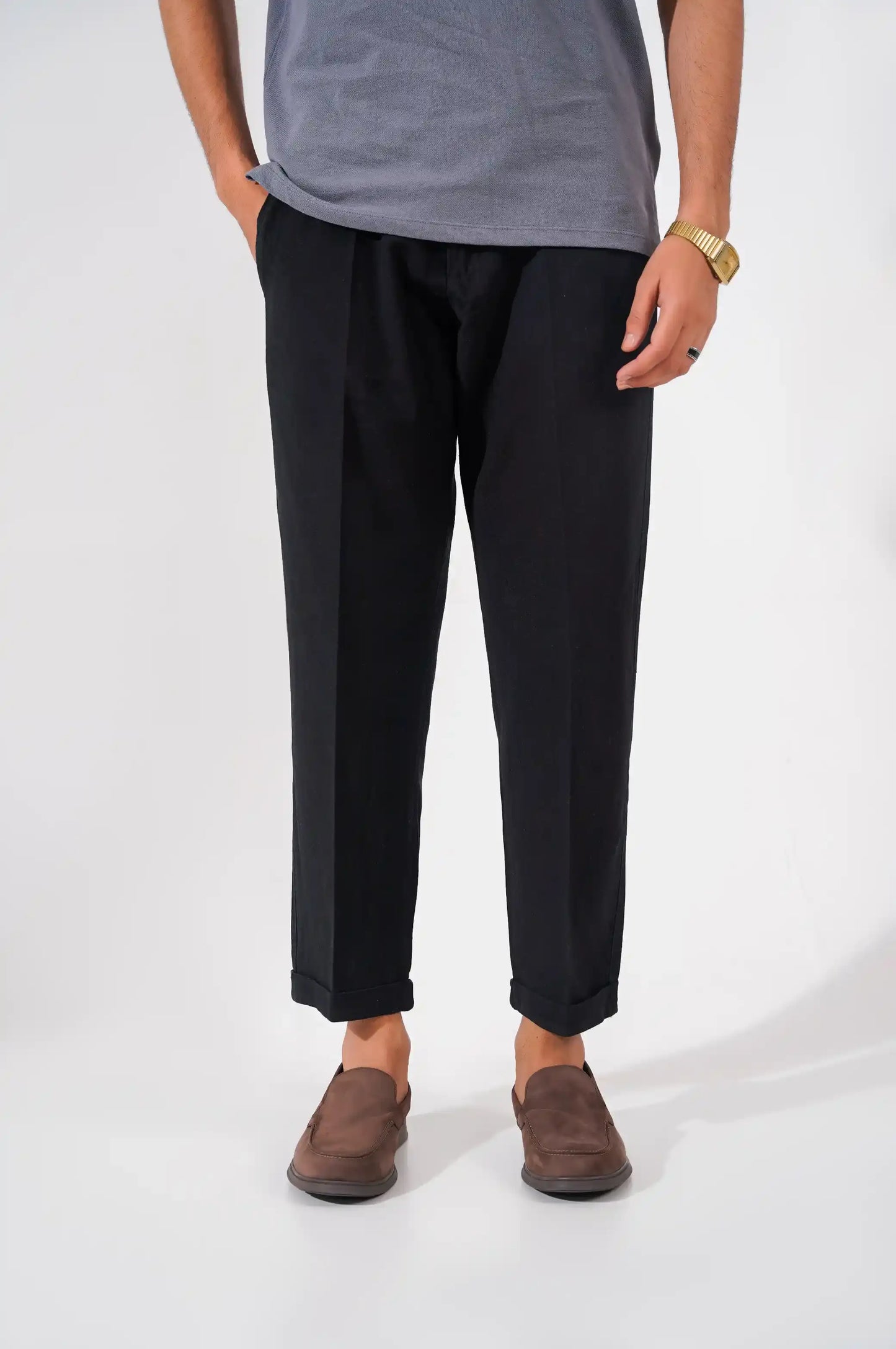 BLACK LINEN TURNUP PANTS