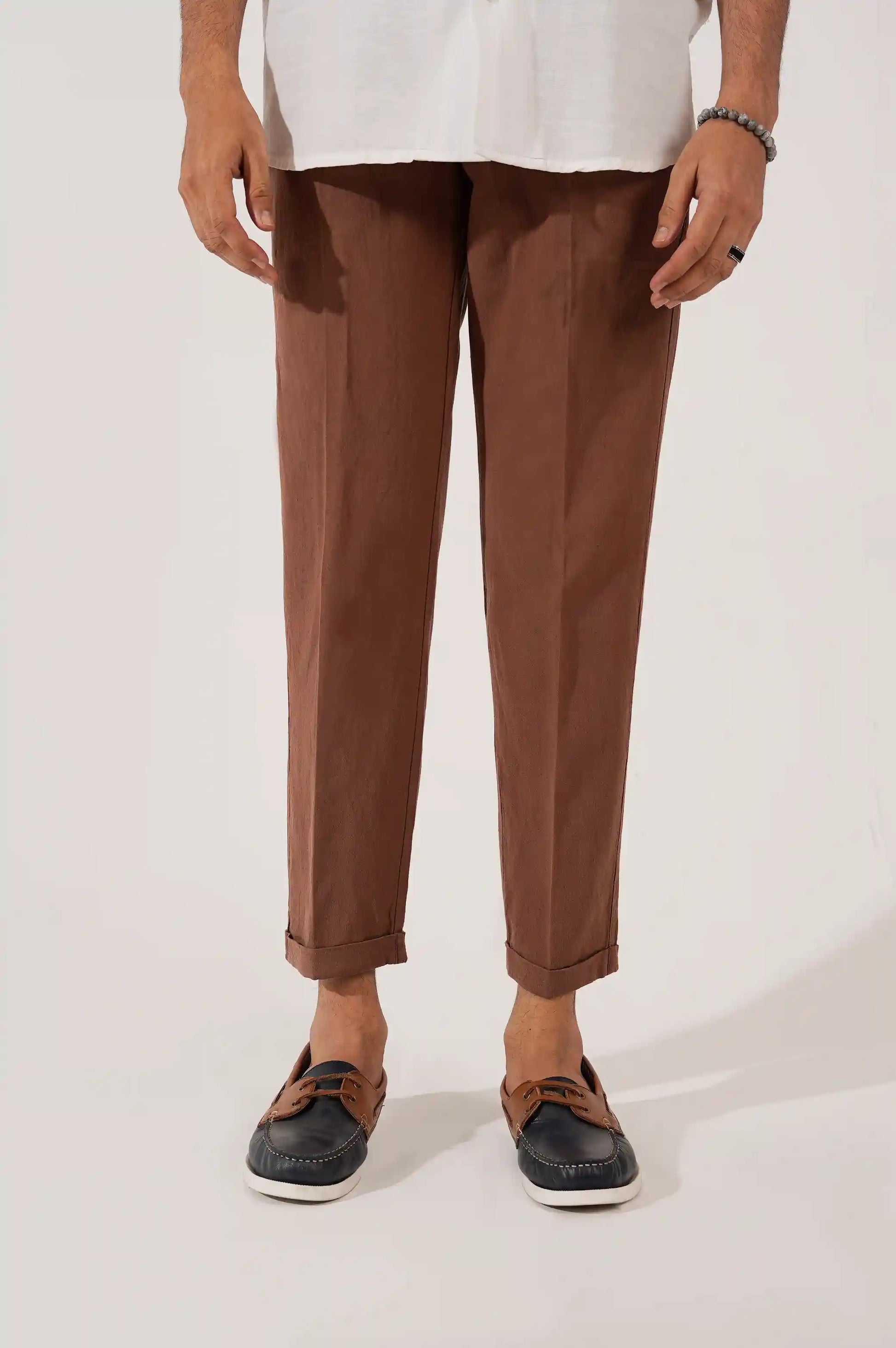 CHOCOLATE LINEN TURNUP PANTS