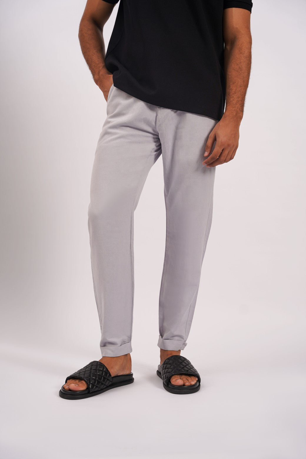 ICE BLUE LINEN TURN-UP PANTS