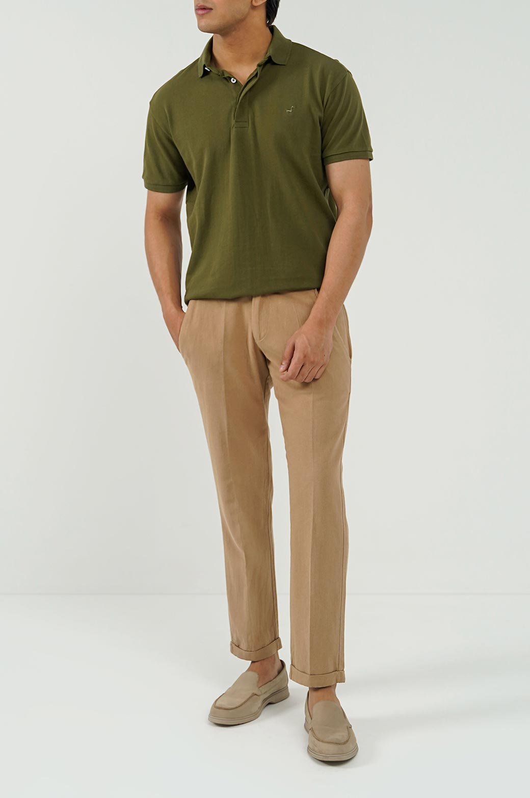 KHAKI LINEN TURN-UP PANTS