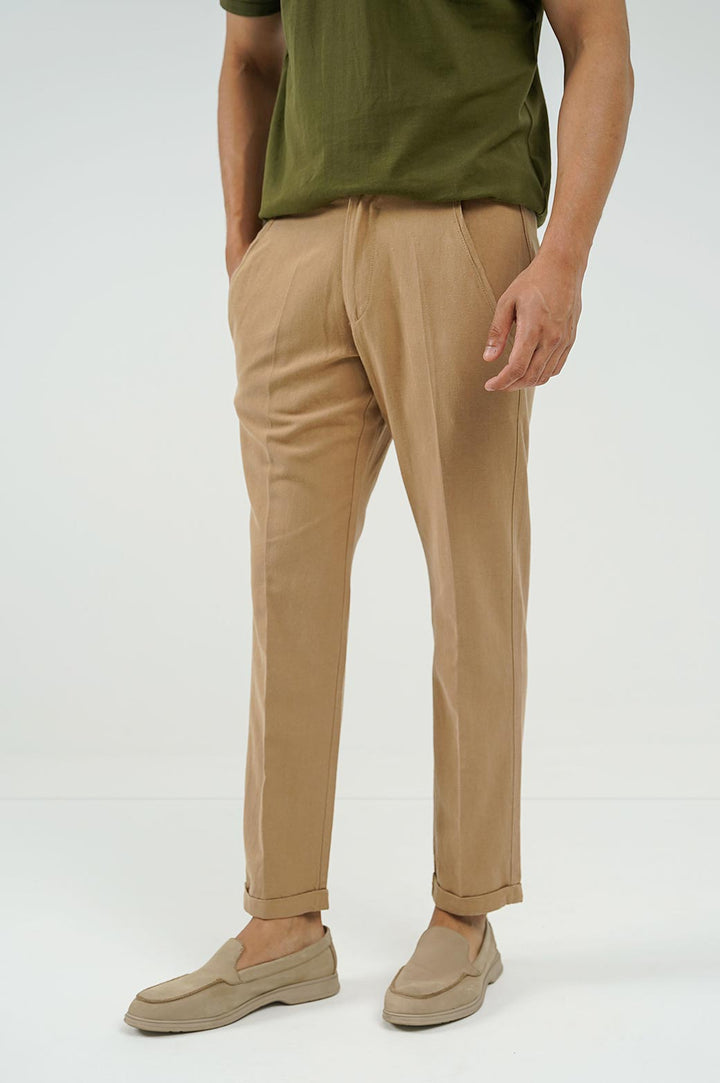 KHAKI LINEN TURN-UP PANTS