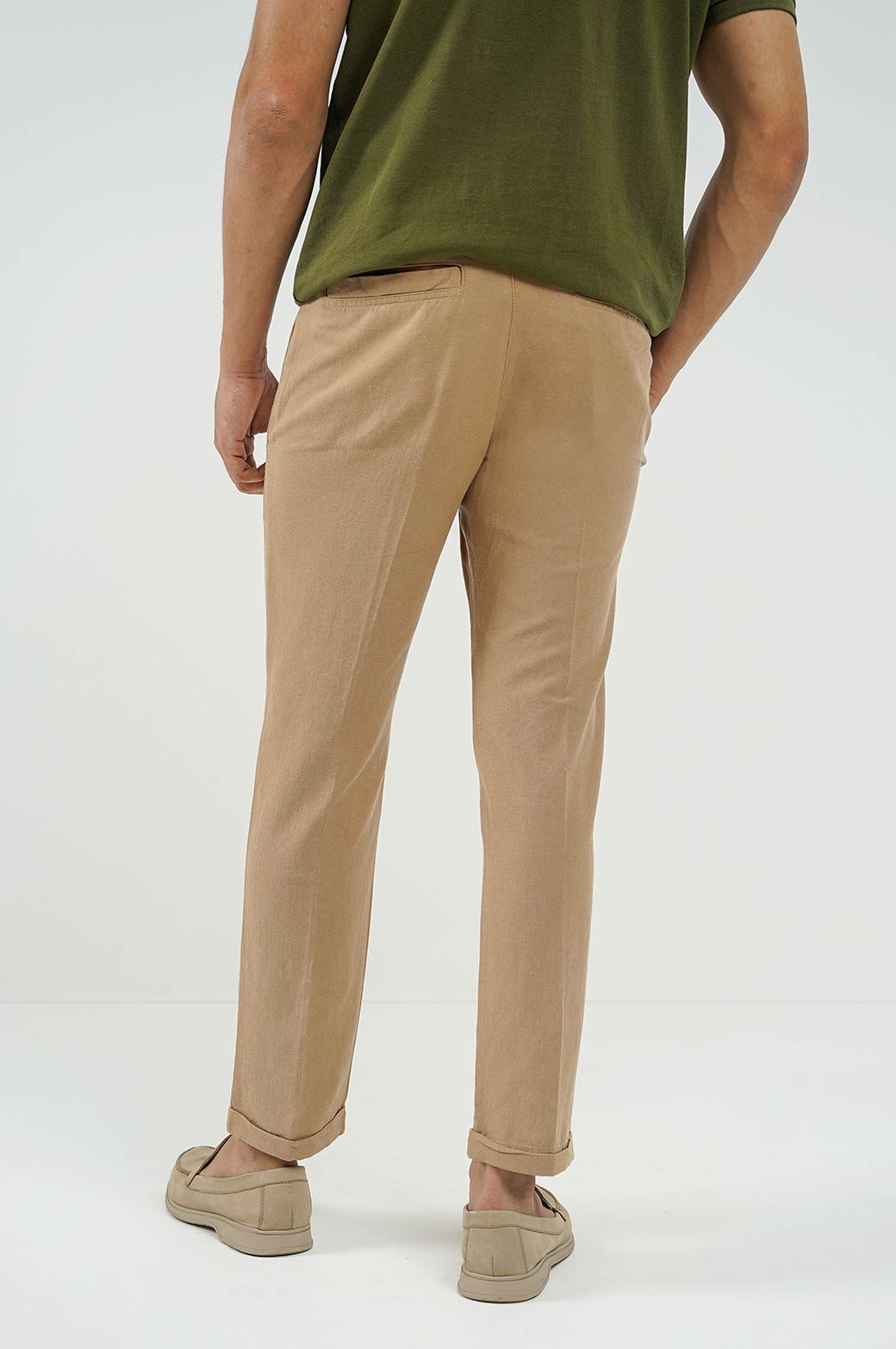 KHAKI LINEN TURN-UP PANTS