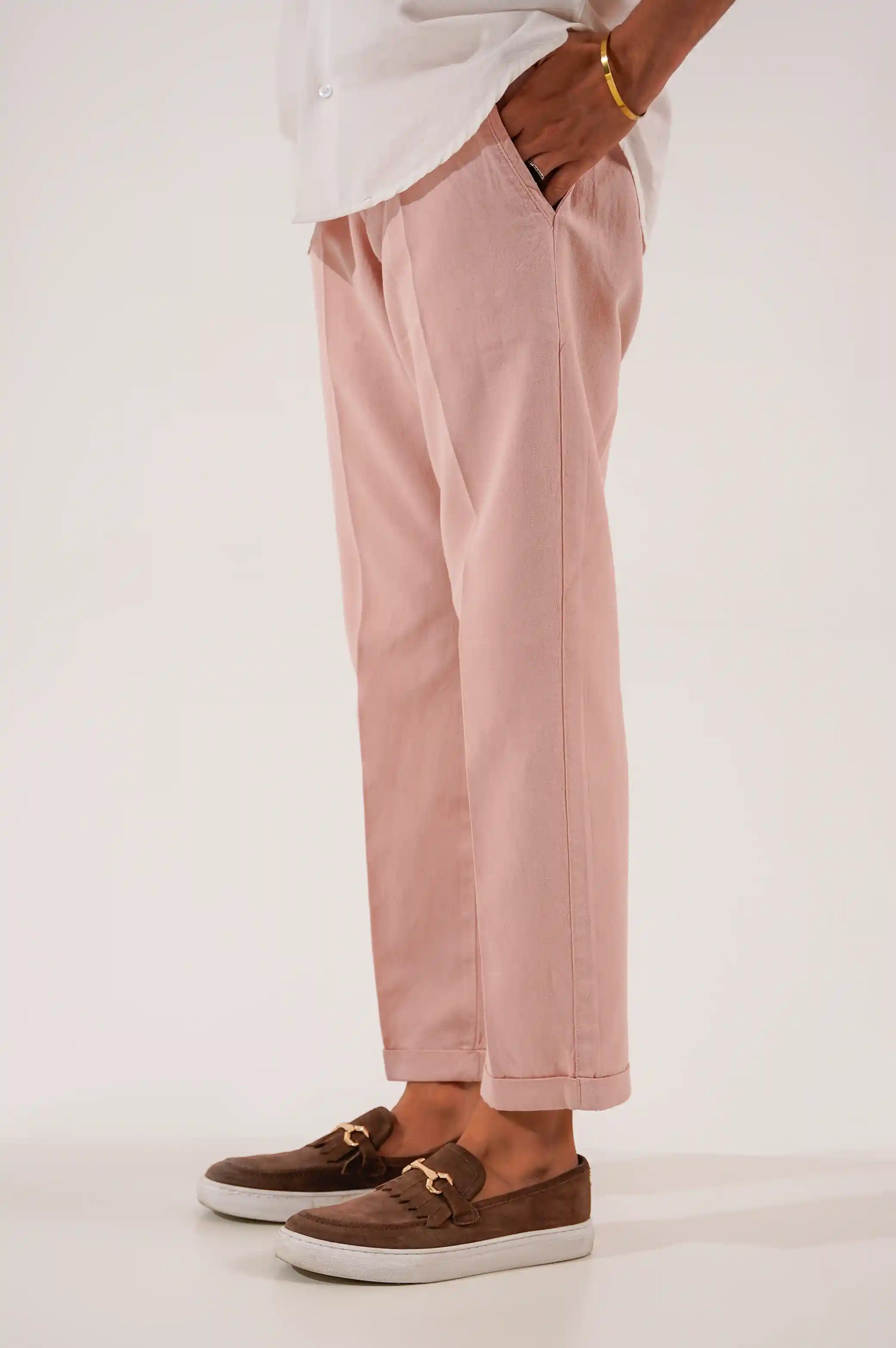 TEA PINK LINEN TURNUP PANTS