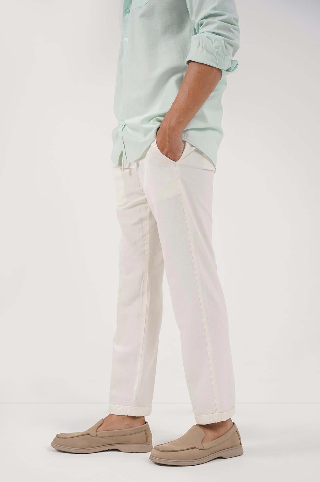 WHITE LINEN TURN-UP PANTS