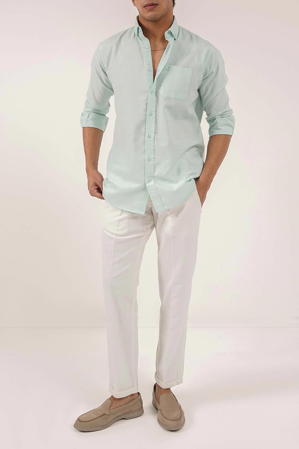 WHITE LINEN TURN-UP PANTS