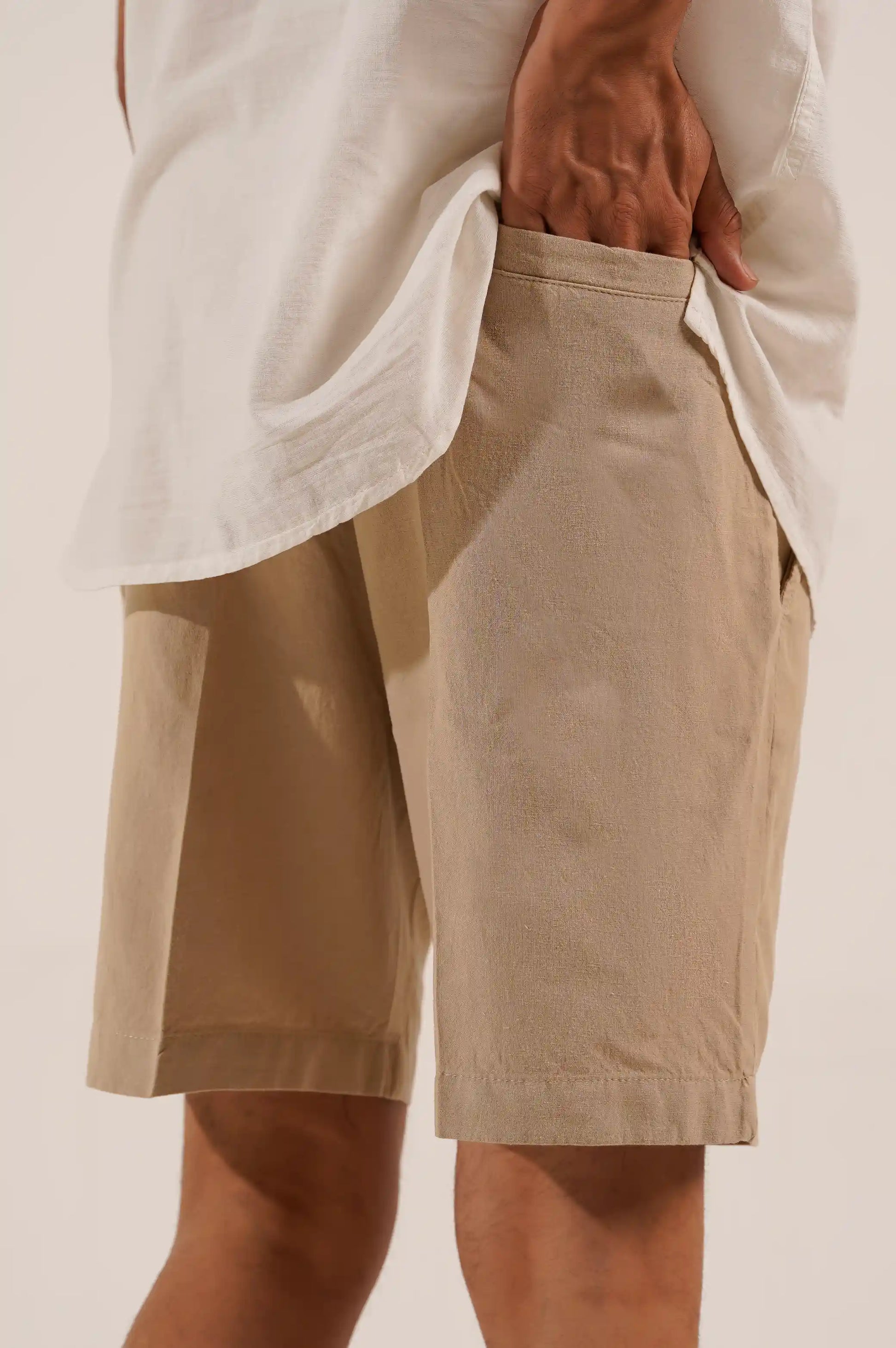 Beige Linen Drawstring Shorts