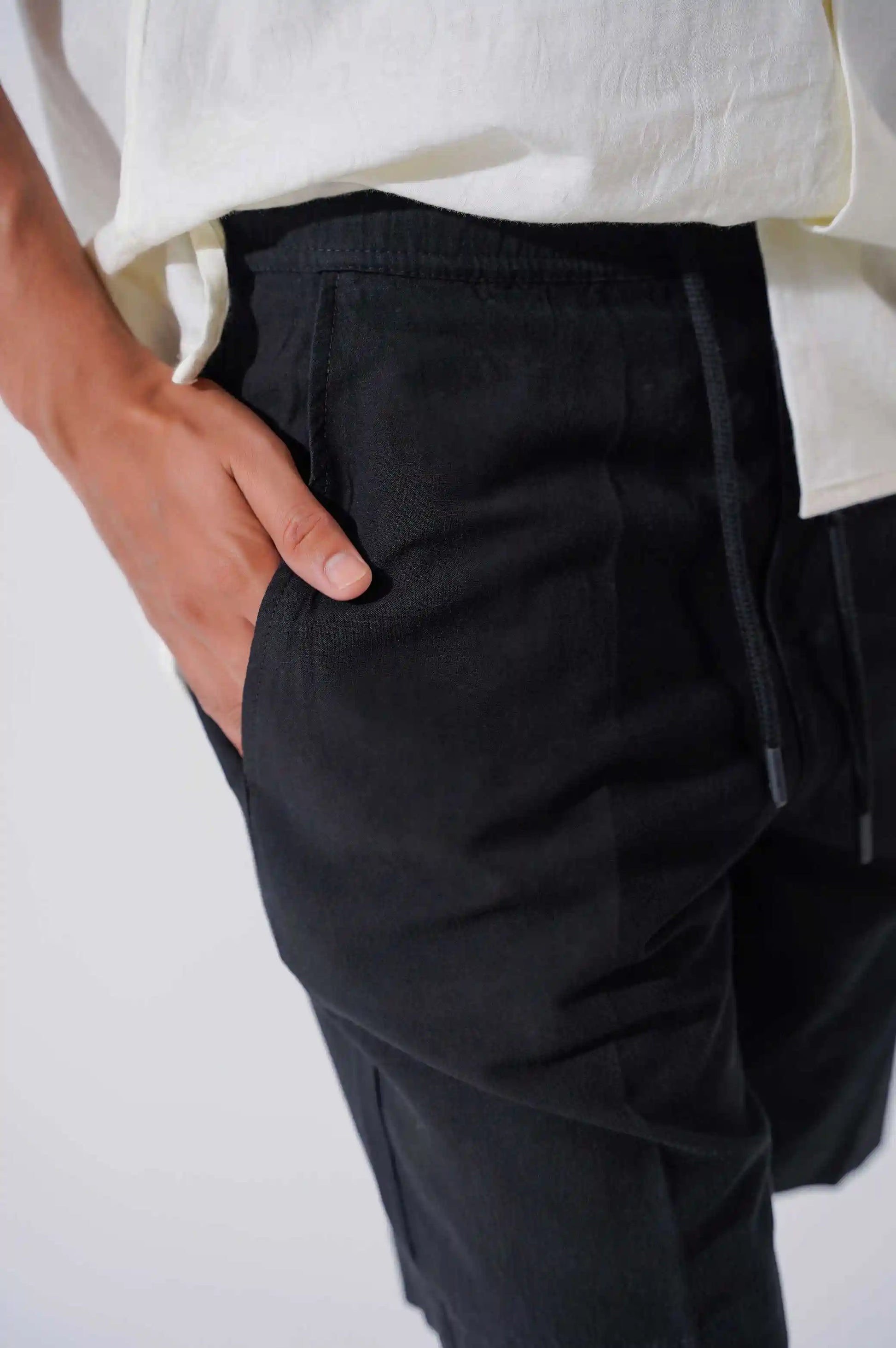 Black Linen Drawstring Shorts