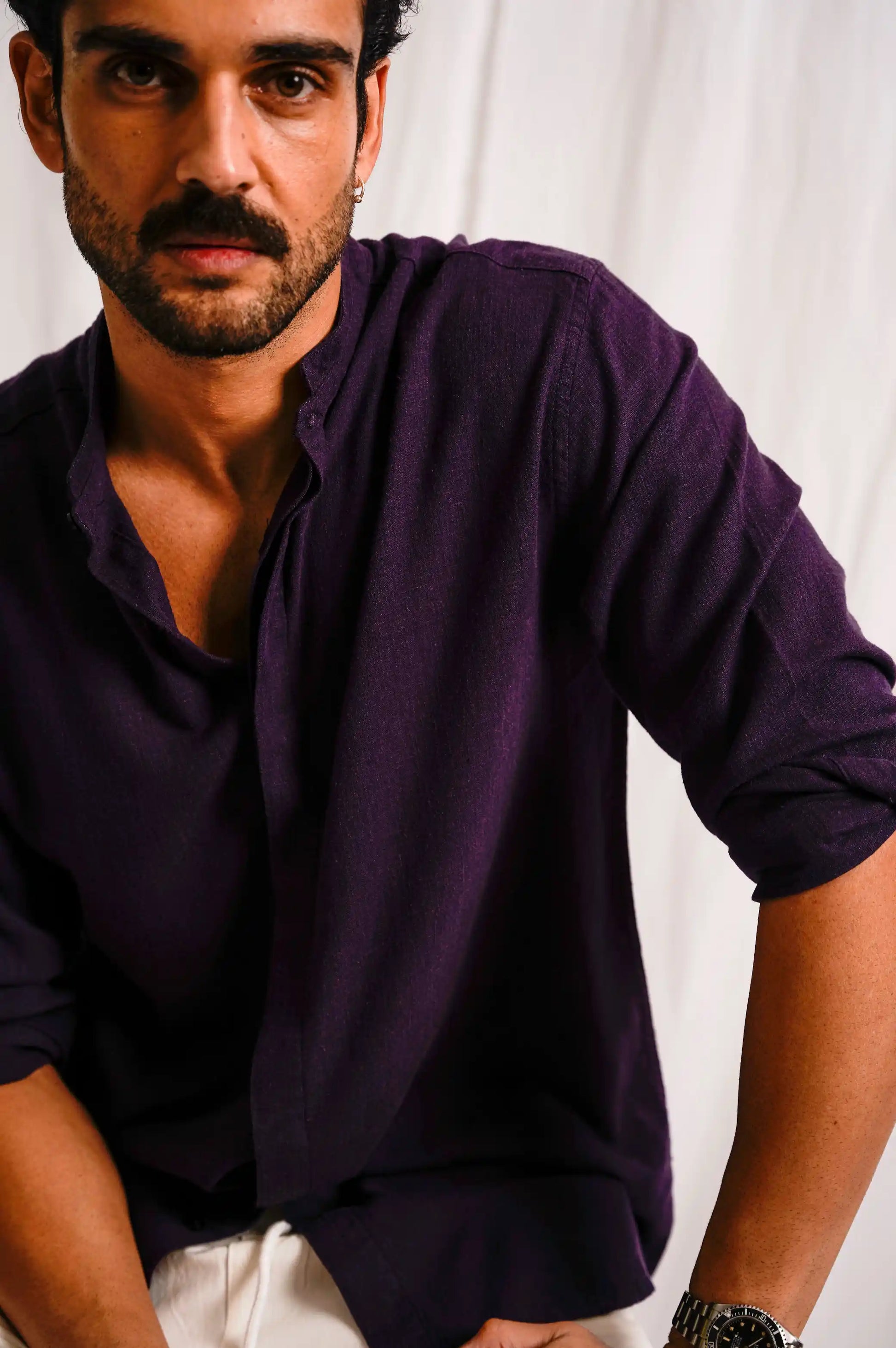 MELANGE NAVY BAND COLLAR SHIRT