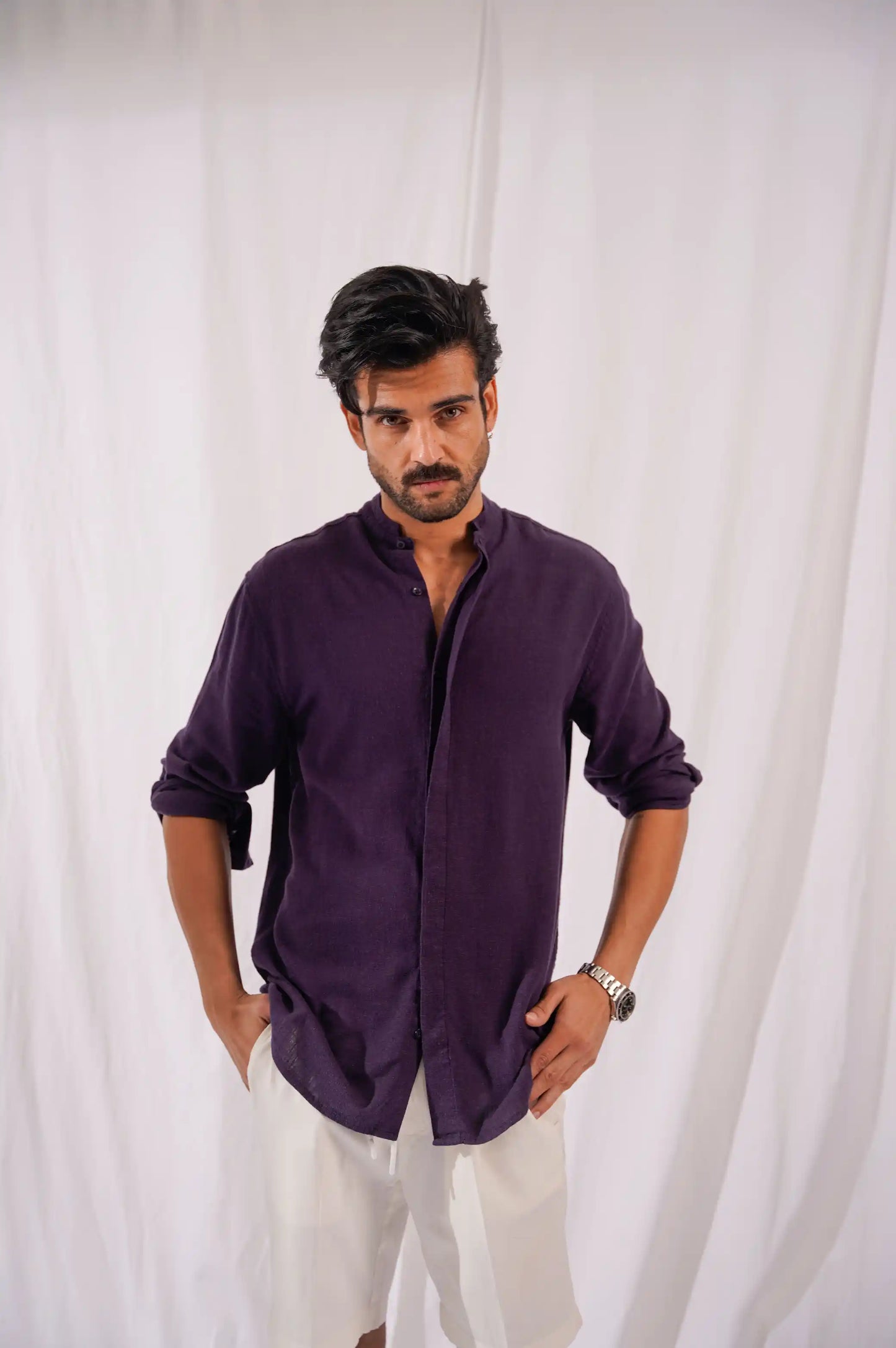 MELANGE NAVY BAND COLLAR SHIRT