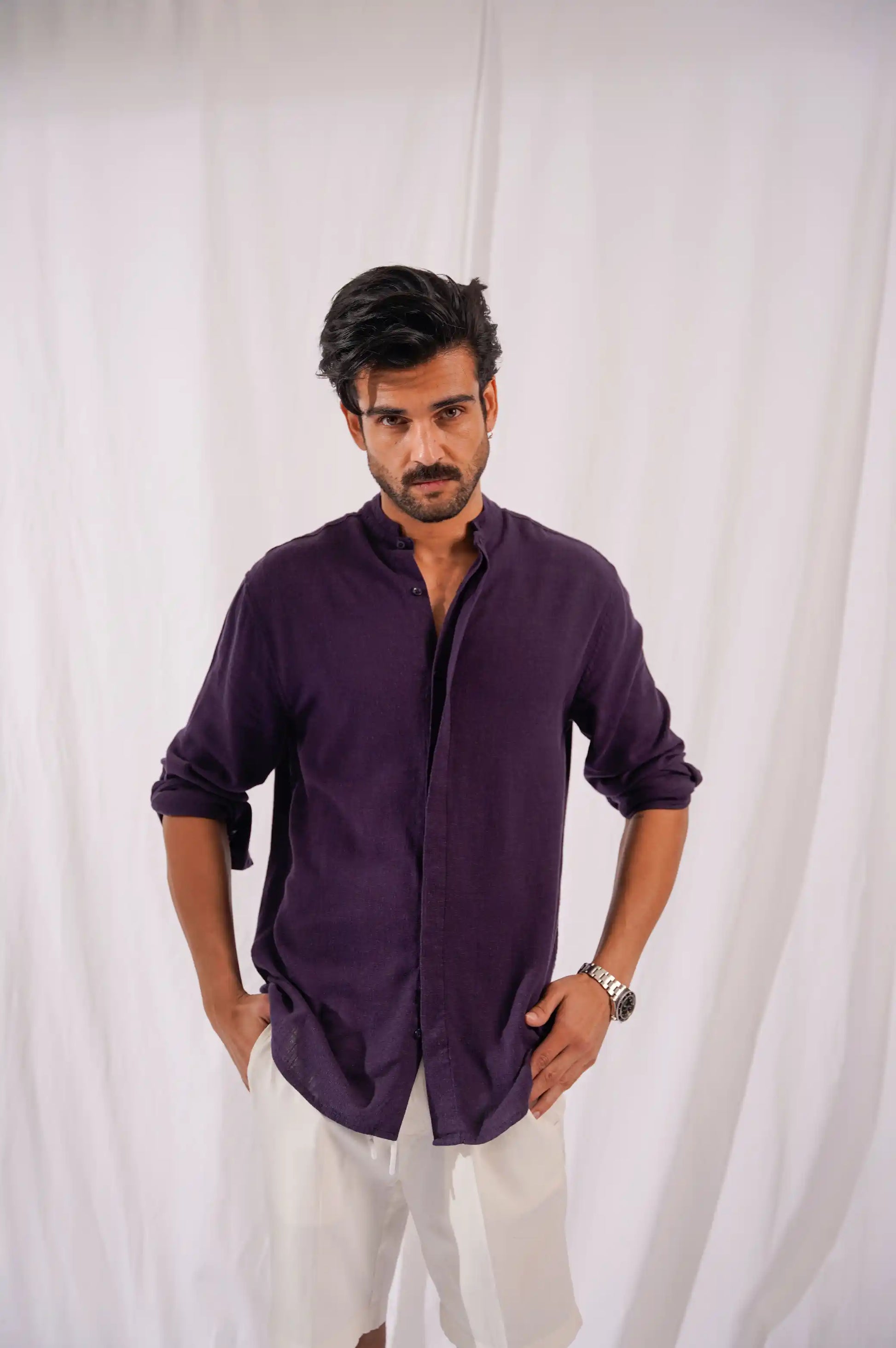 MELANGE NAVY BAND COLLAR SHIRT