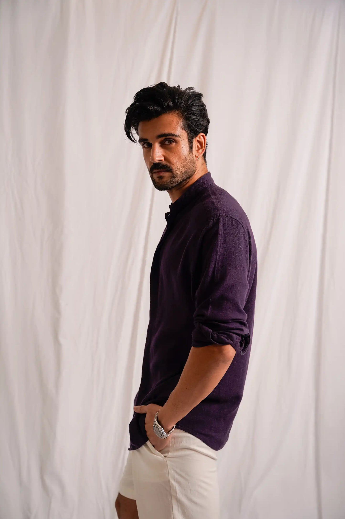 MELANGE NAVY BAND COLLAR SHIRT