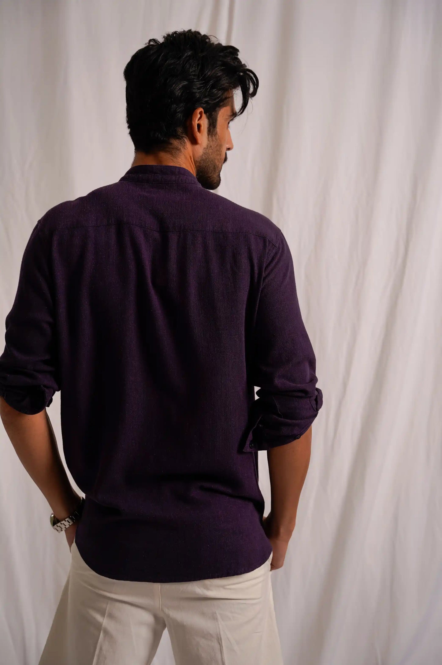 MELANGE NAVY BAND COLLAR SHIRT