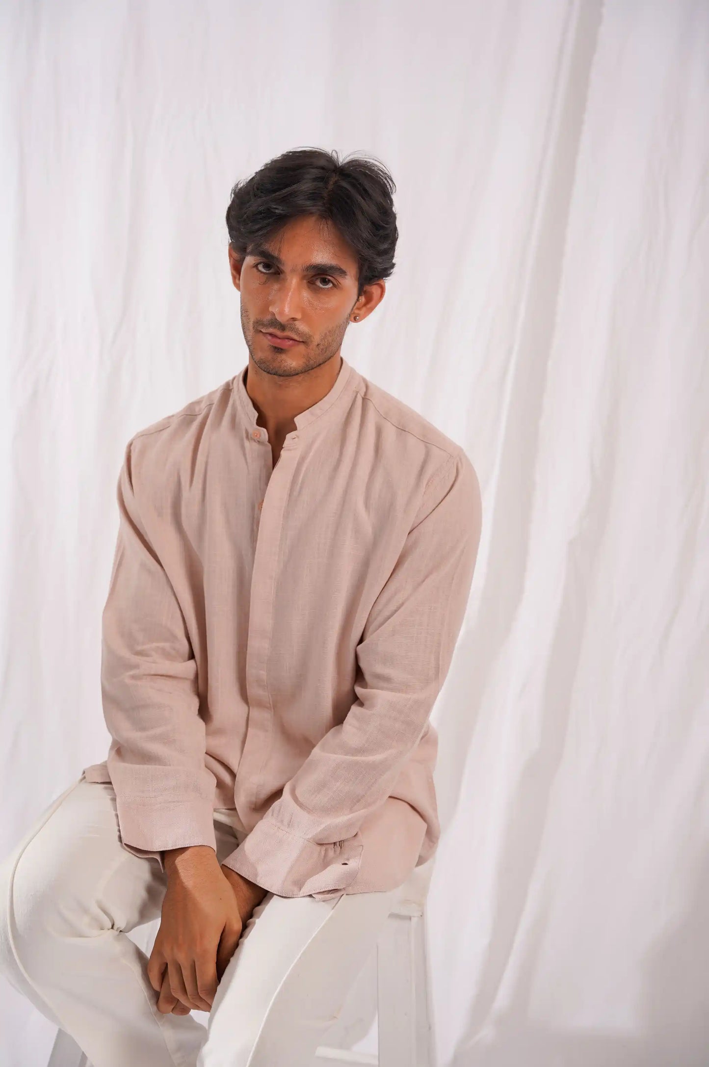 BEIGE BAND COLLAR SHIRT