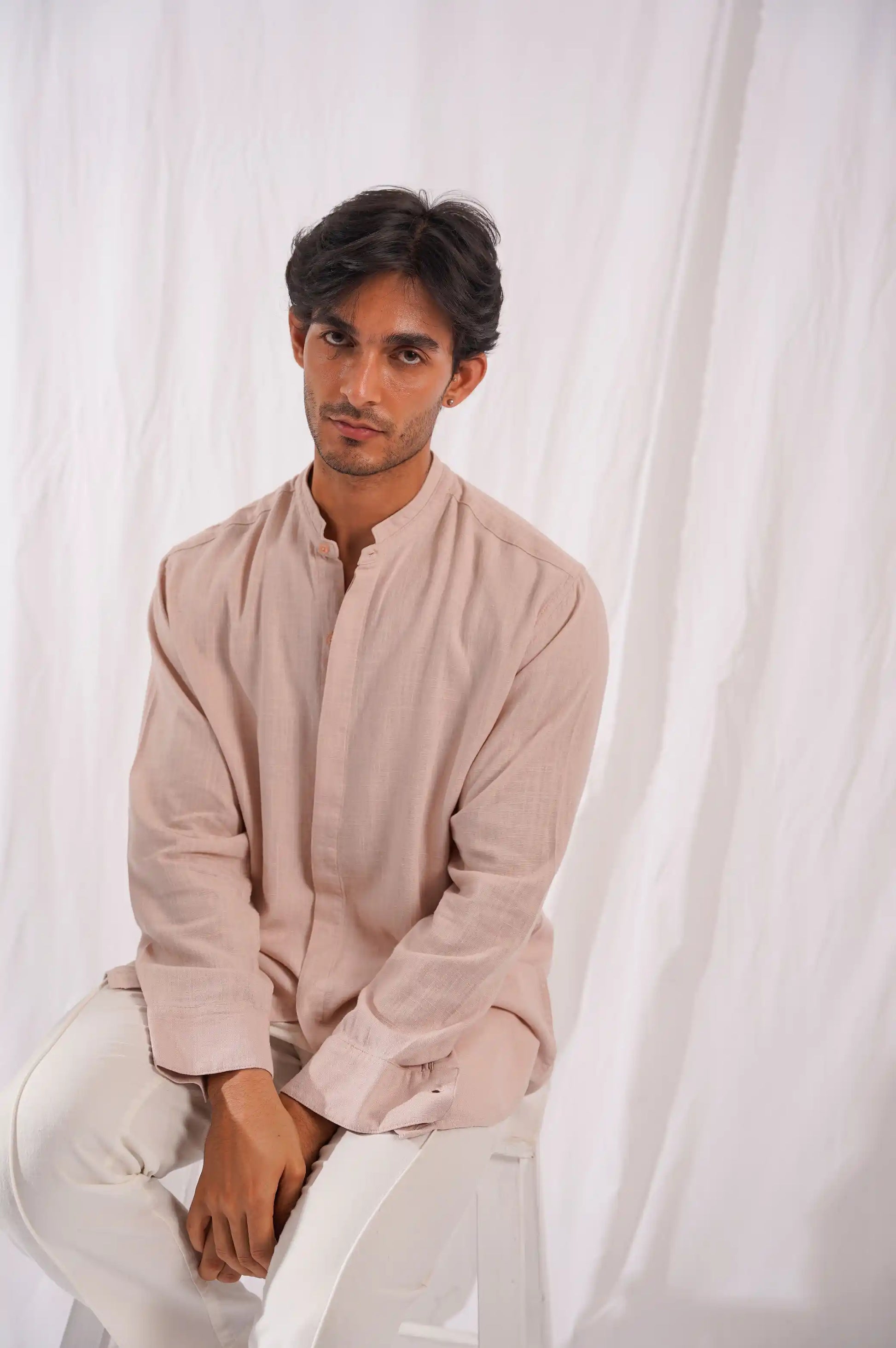 BEIGE BAND COLLAR SHIRT