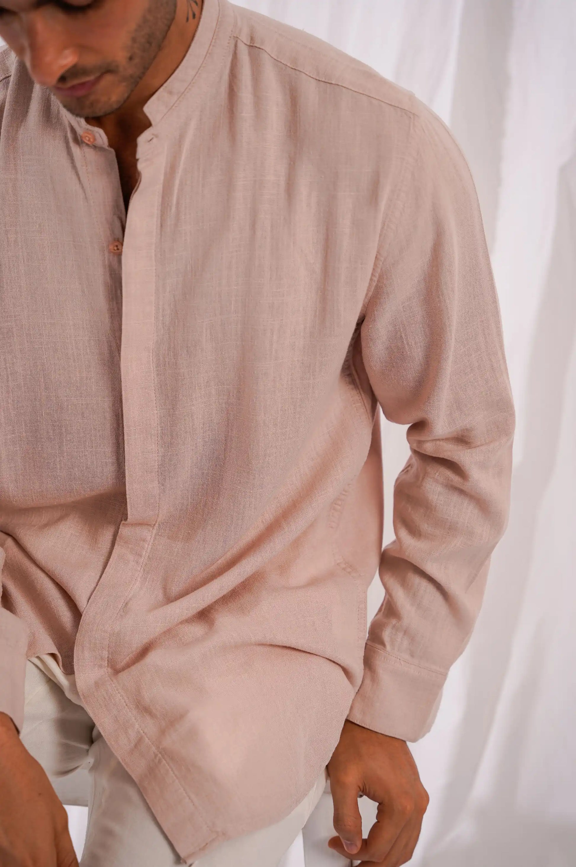 BEIGE BAND COLLAR SHIRT