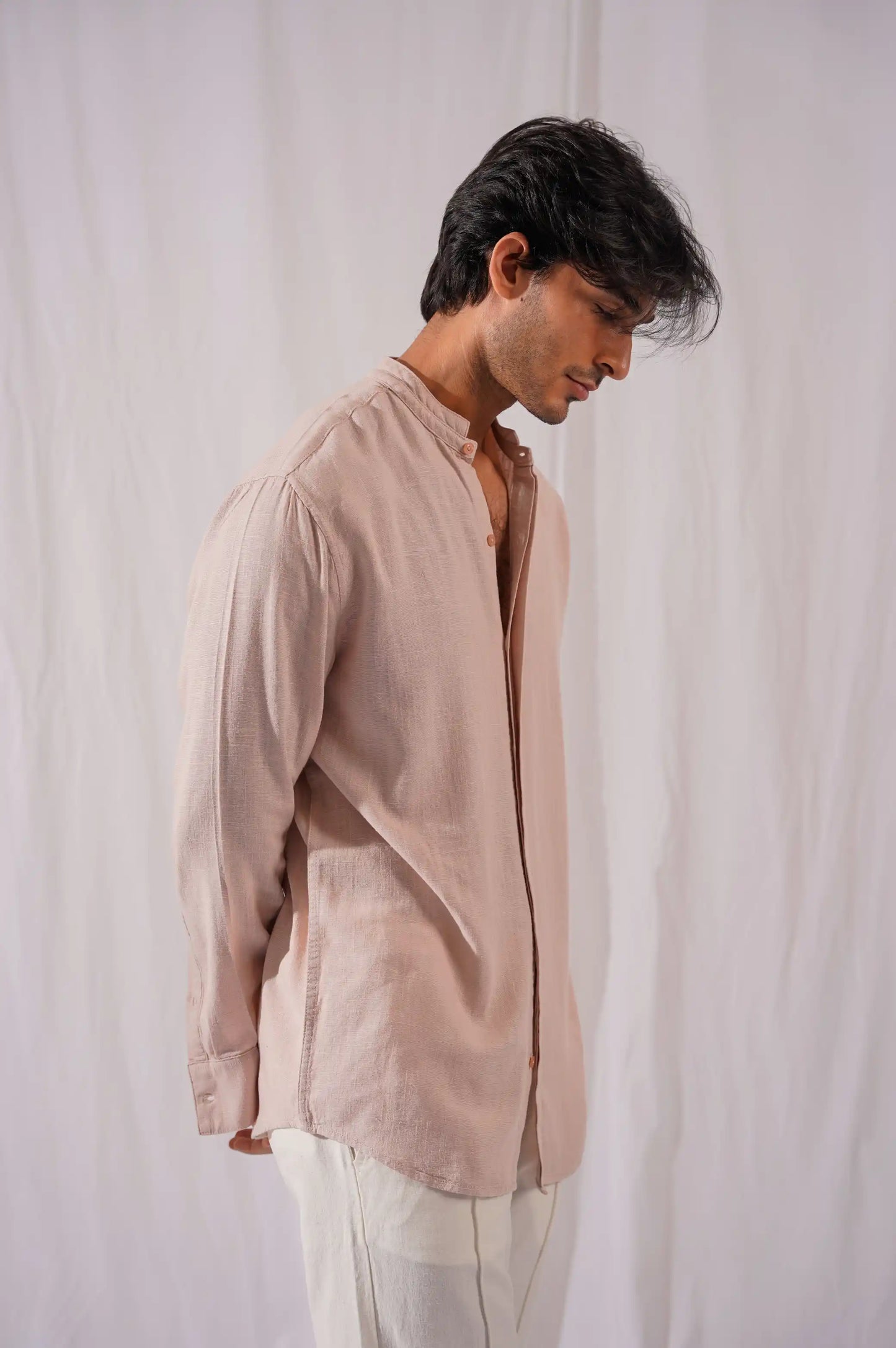 BEIGE BAND COLLAR SHIRT