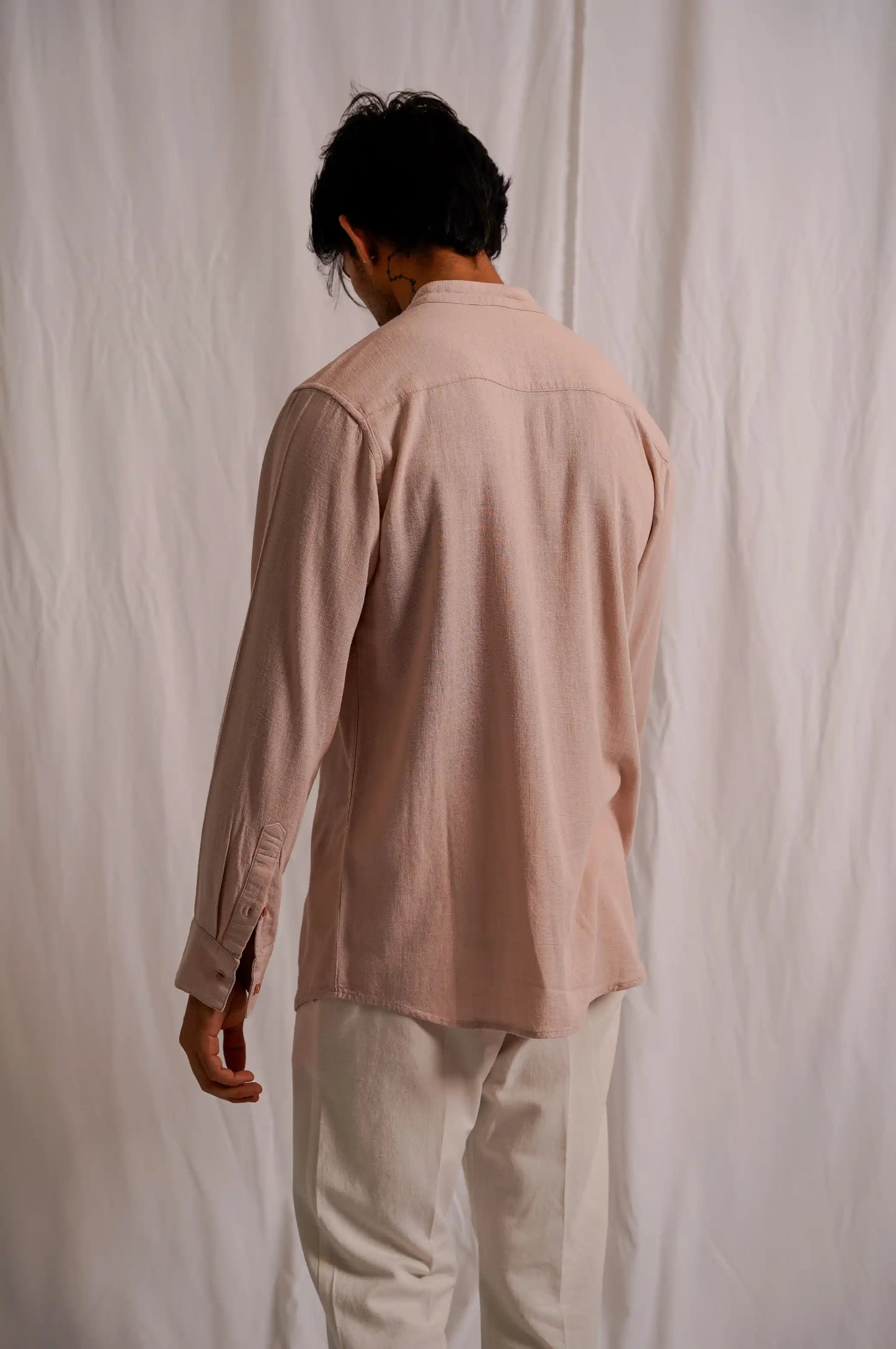 BEIGE BAND COLLAR SHIRT