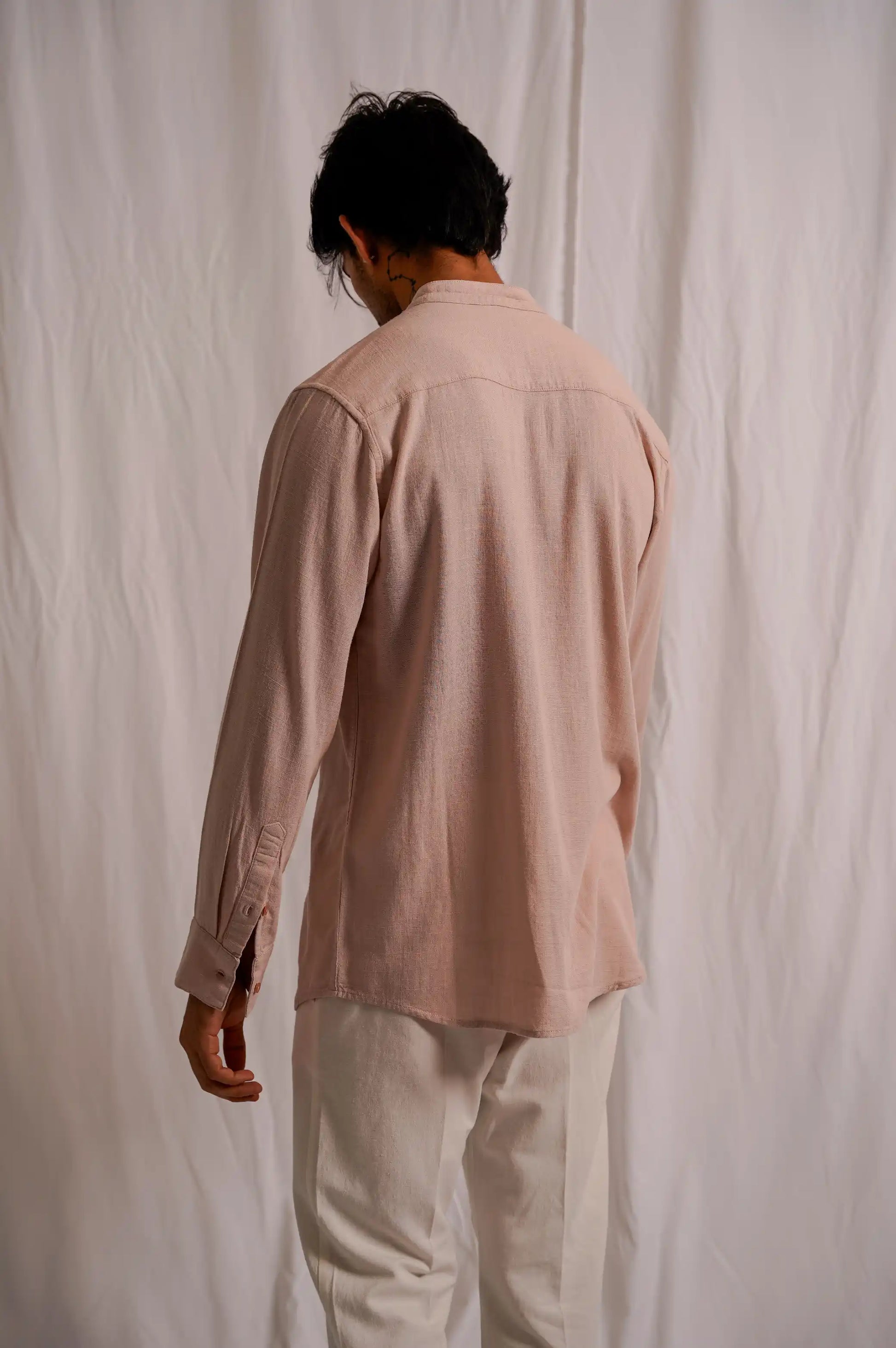 BEIGE BAND COLLAR SHIRT
