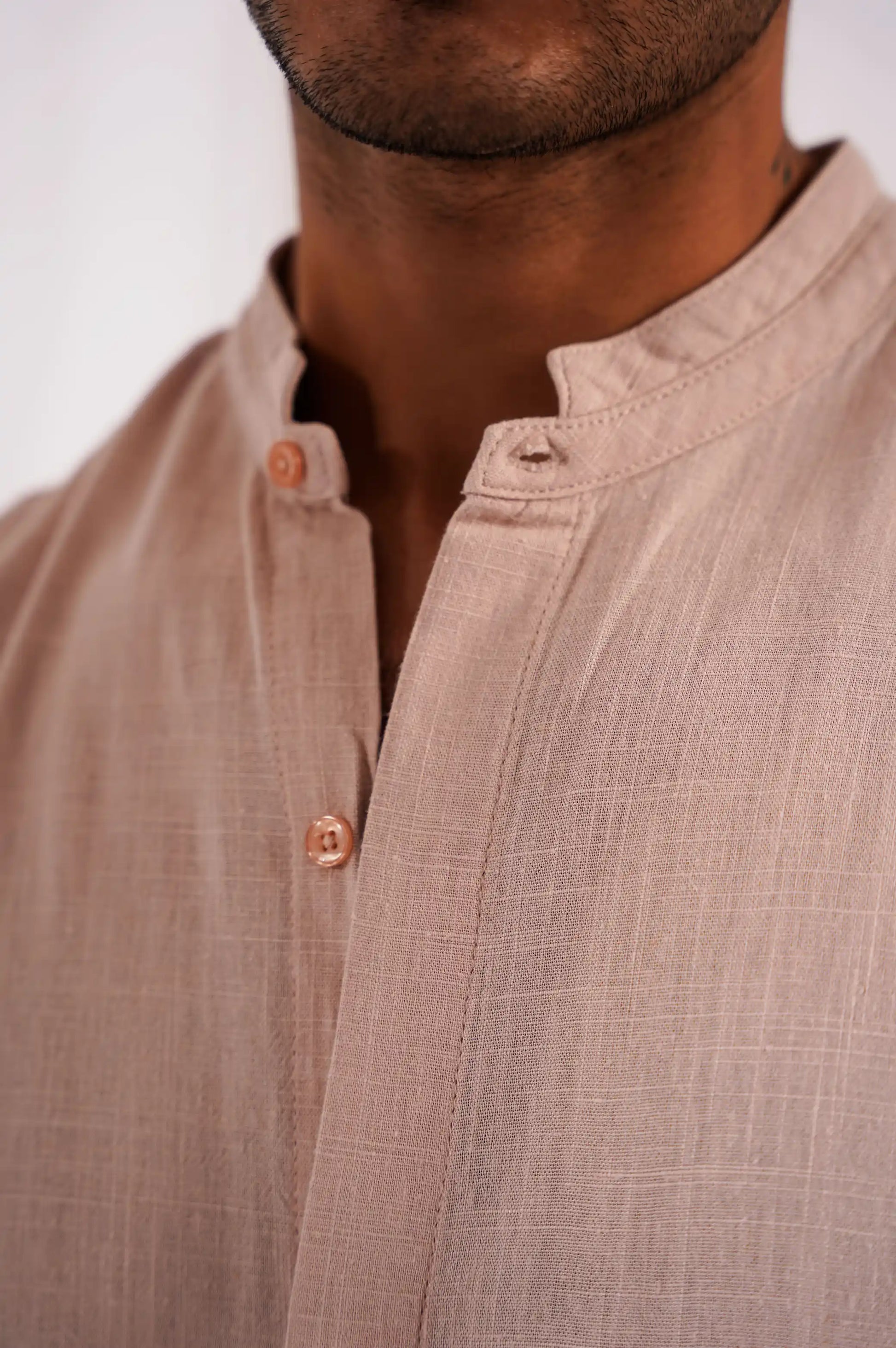 BEIGE BAND COLLAR SHIRT