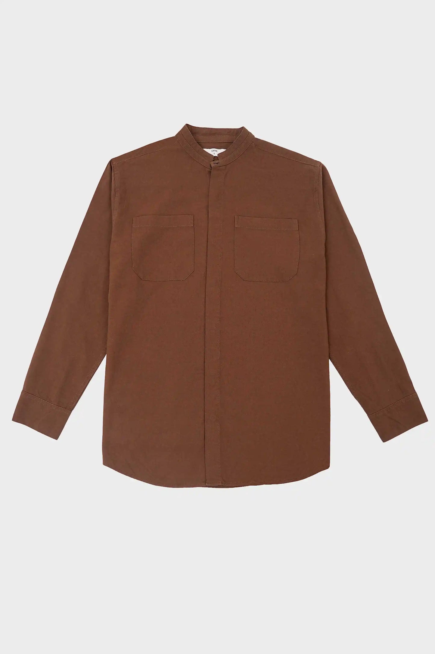 BROWN DOUBLE POCKET BAND COLLAR SHIRT