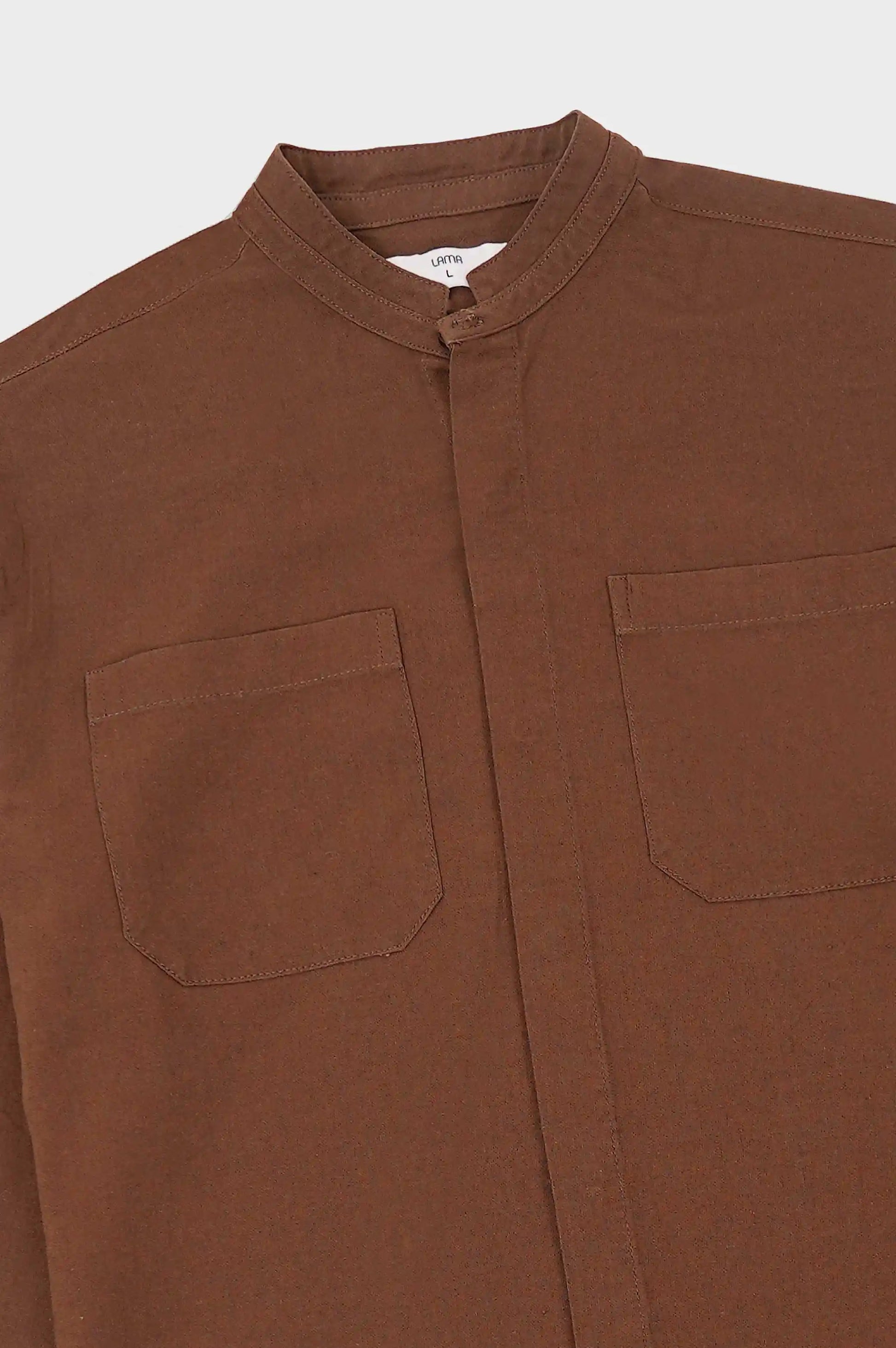 BROWN DOUBLE POCKET BAND COLLAR SHIRT