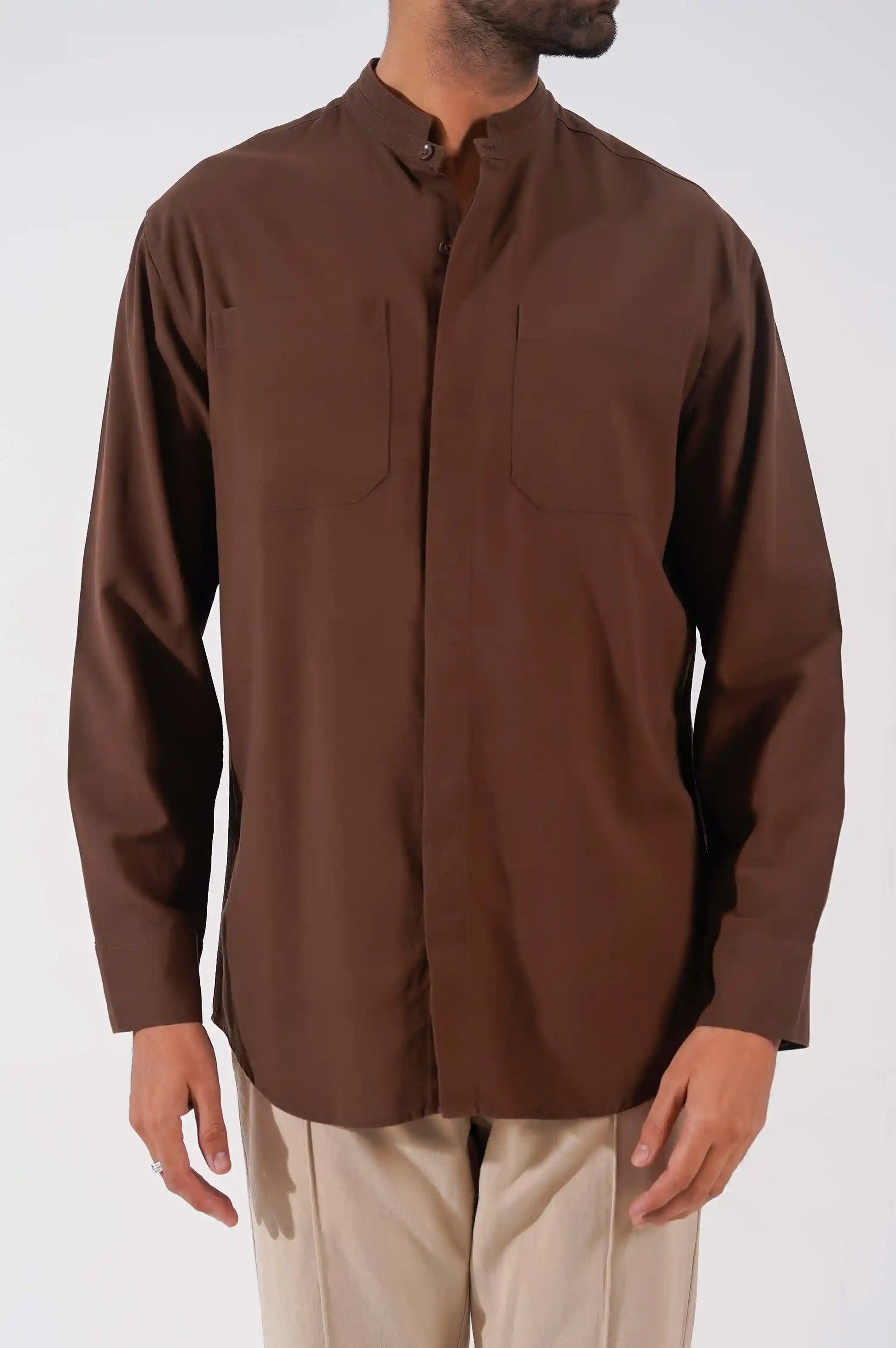 BROWN DOUBLE POCKET BAND COLLAR SHIRT