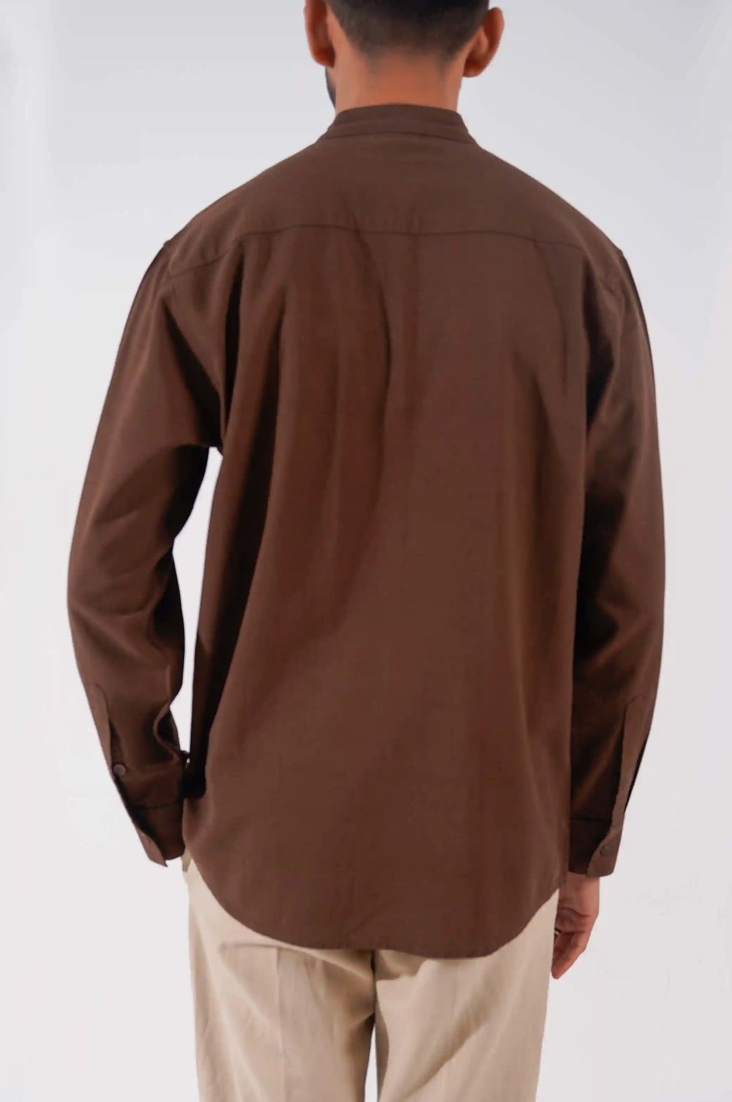 BROWN DOUBLE POCKET BAND COLLAR SHIRT