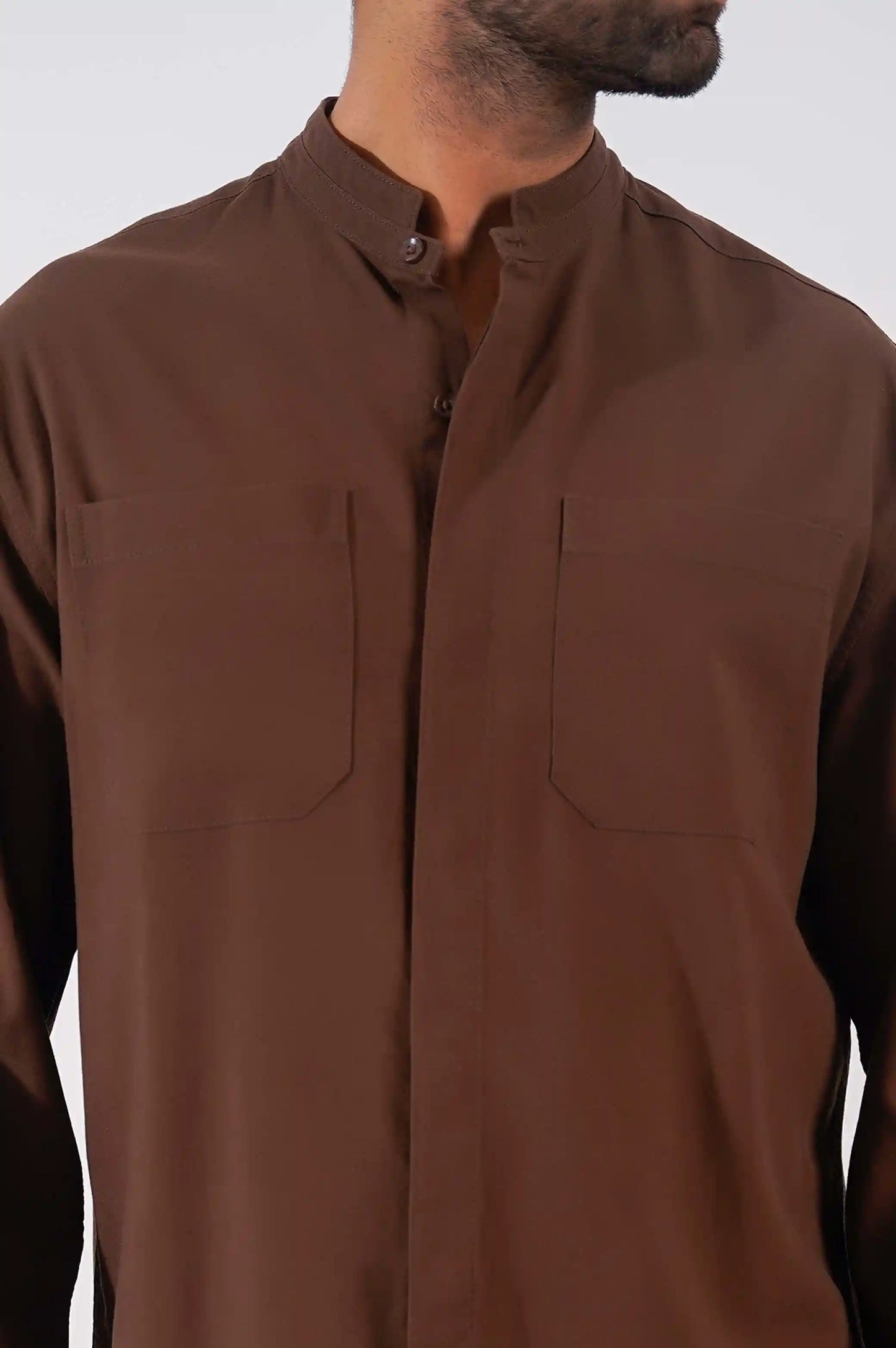 BROWN DOUBLE POCKET BAND COLLAR SHIRT