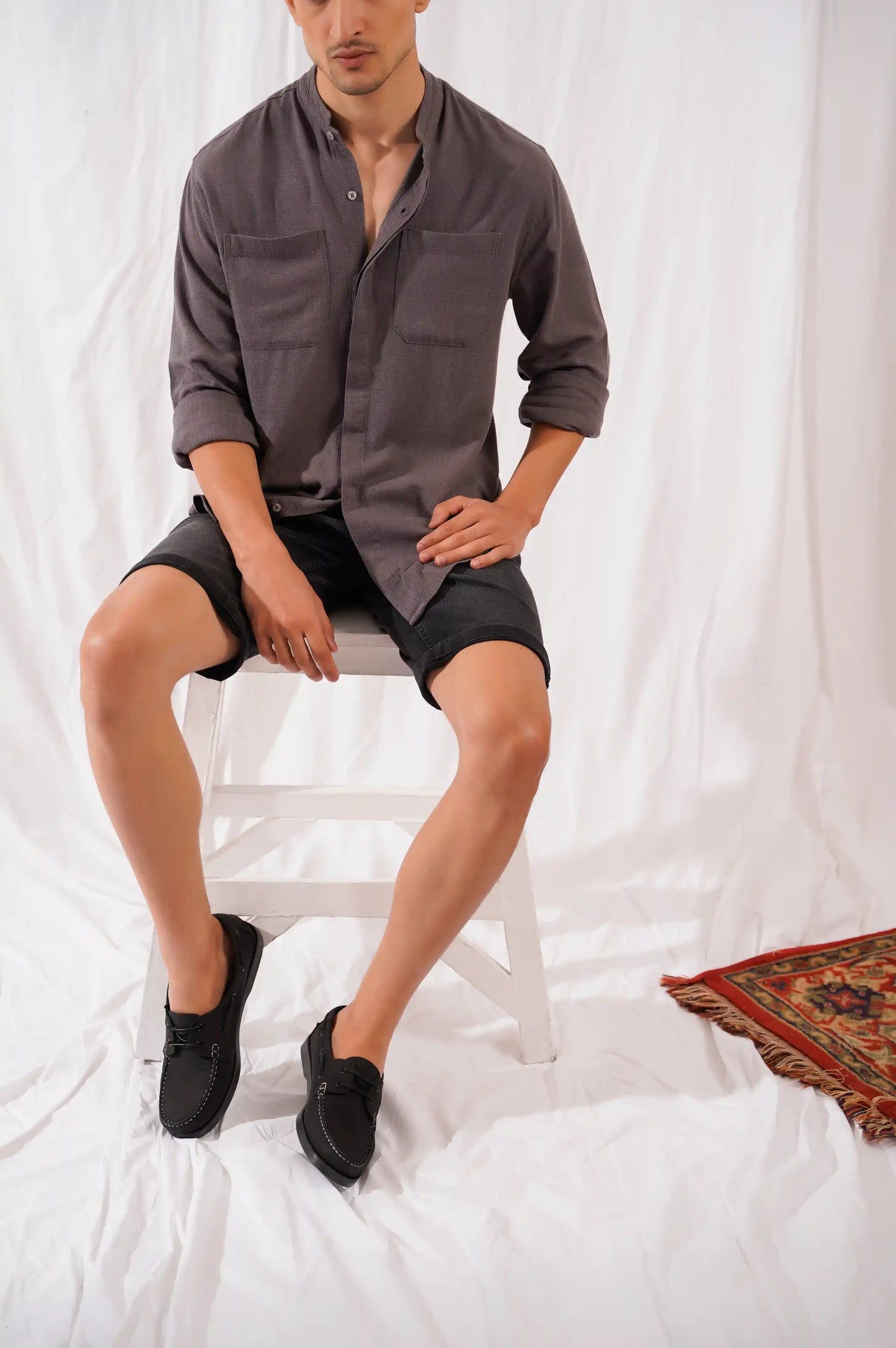 GREY DOUBLE POCKET BAND COLLAR SHIRT