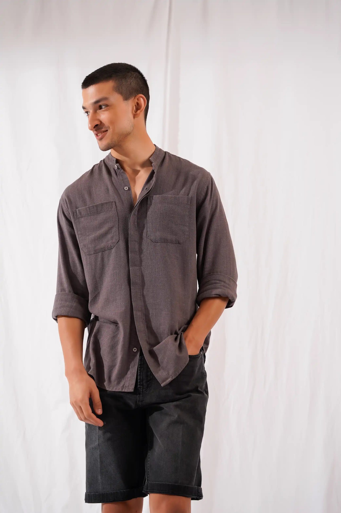 GREY DOUBLE POCKET BAND COLLAR SHIRT