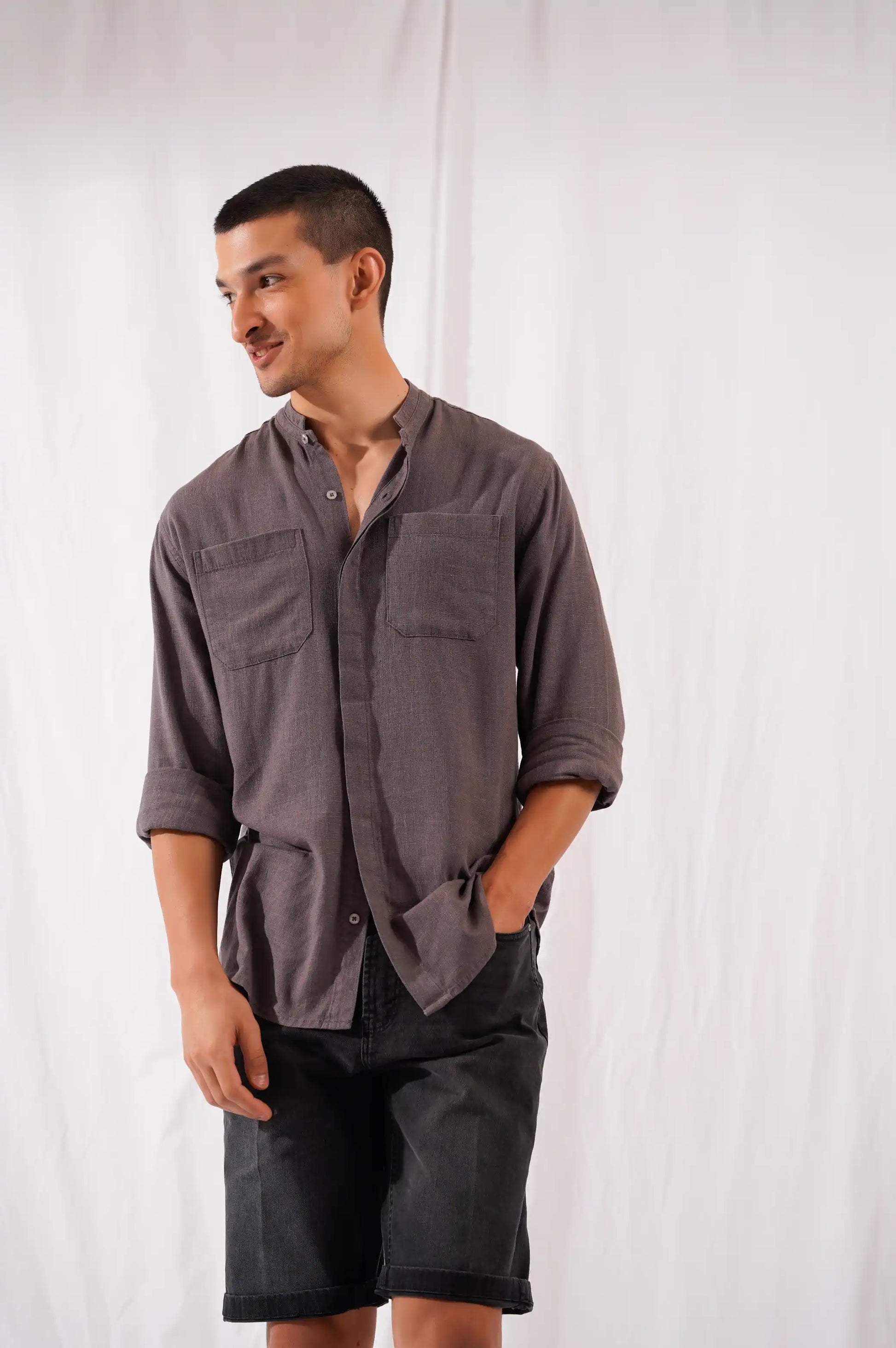GREY DOUBLE POCKET BAND COLLAR SHIRT