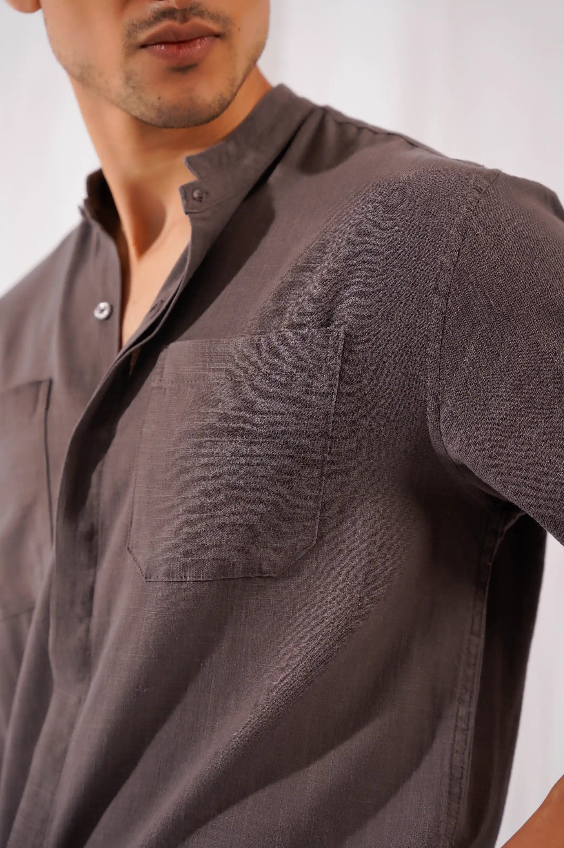 GREY DOUBLE POCKET BAND COLLAR SHIRT