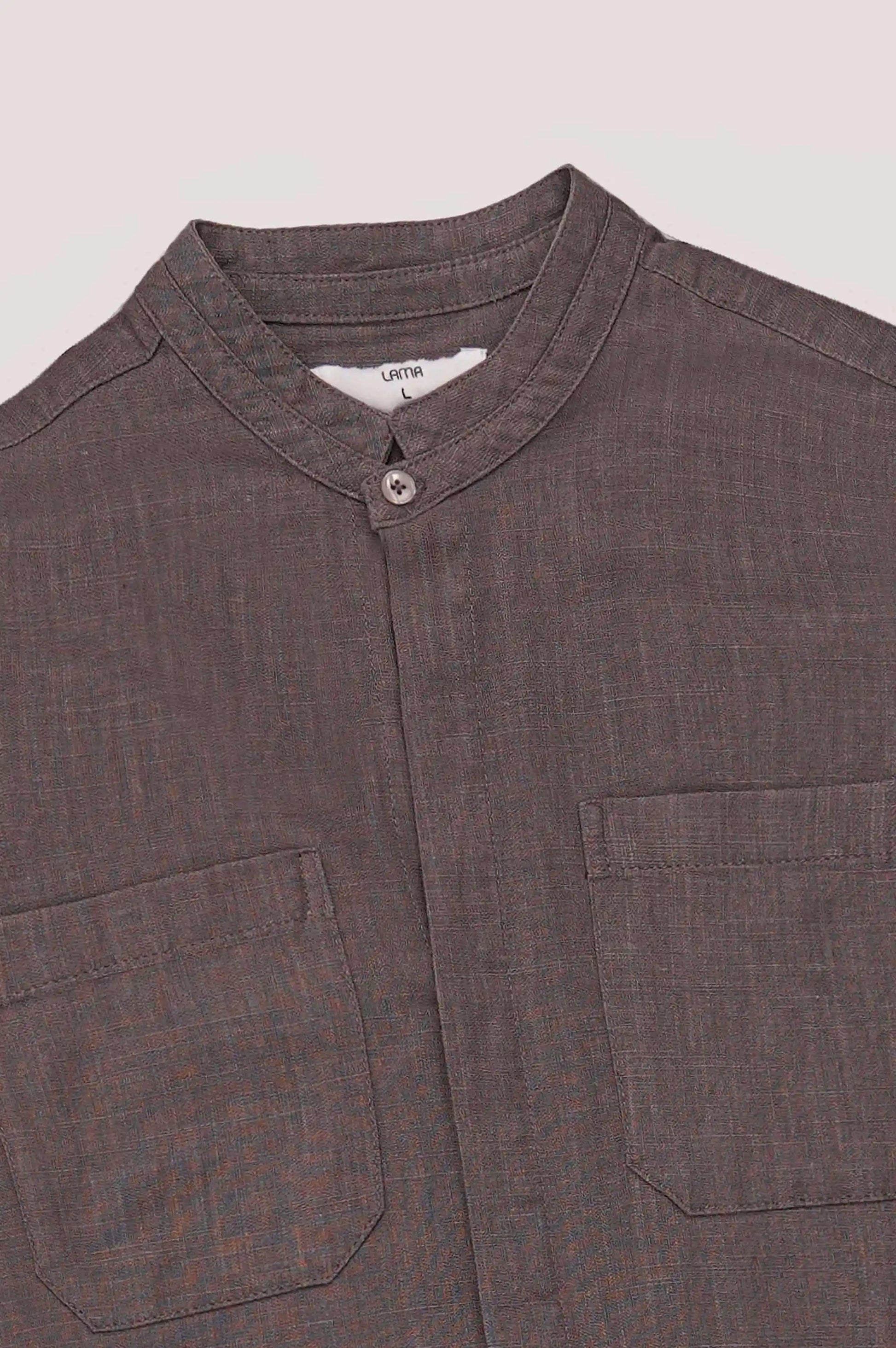 GREY DOUBLE POCKET BAND COLLAR SHIRT