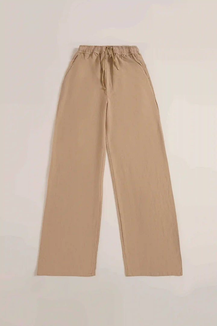 BEIGE DRAWSTRING WIDE LEG PANTS