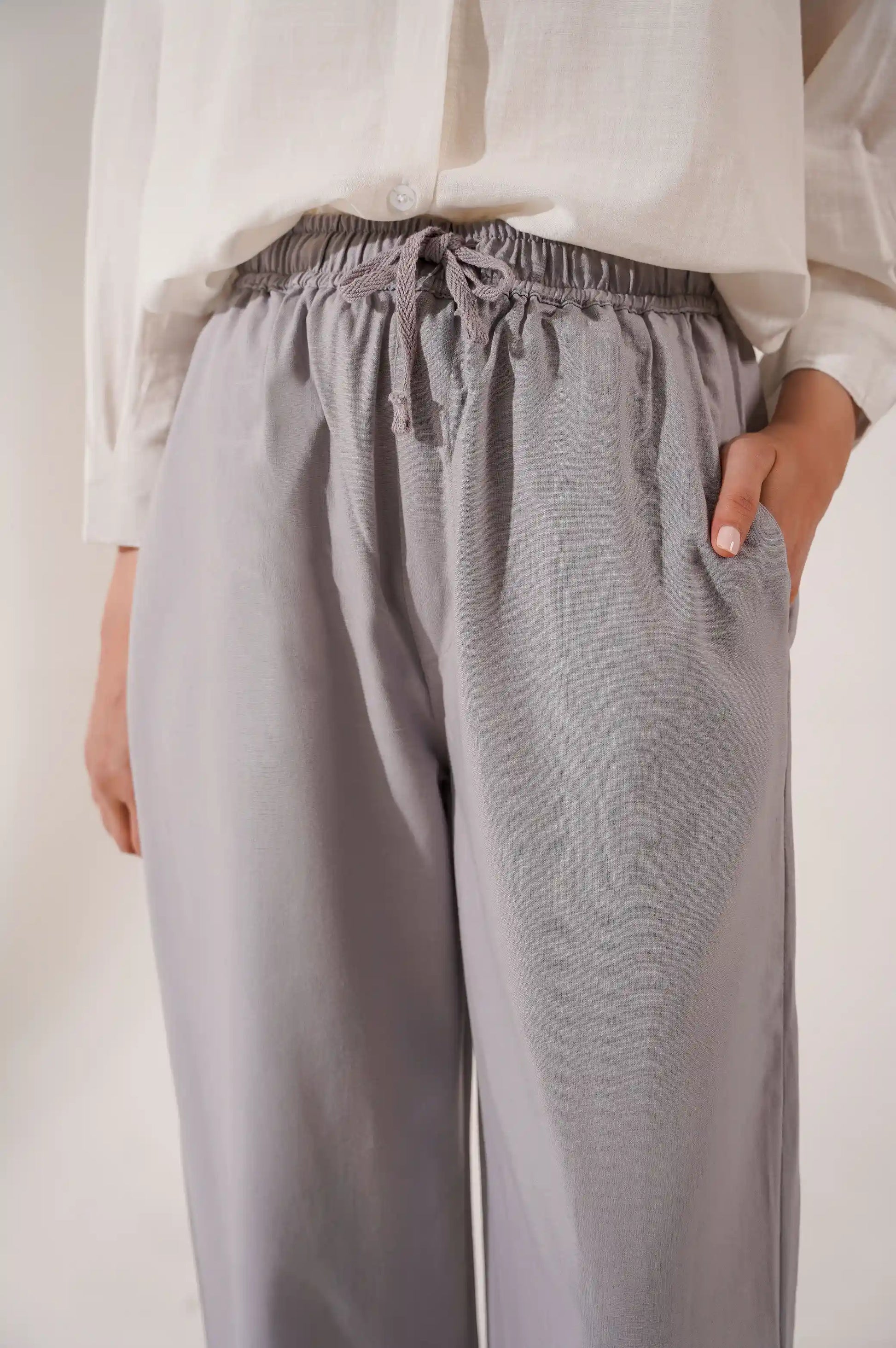 BLUE DRAWSTRING WIDE LEG PANTS