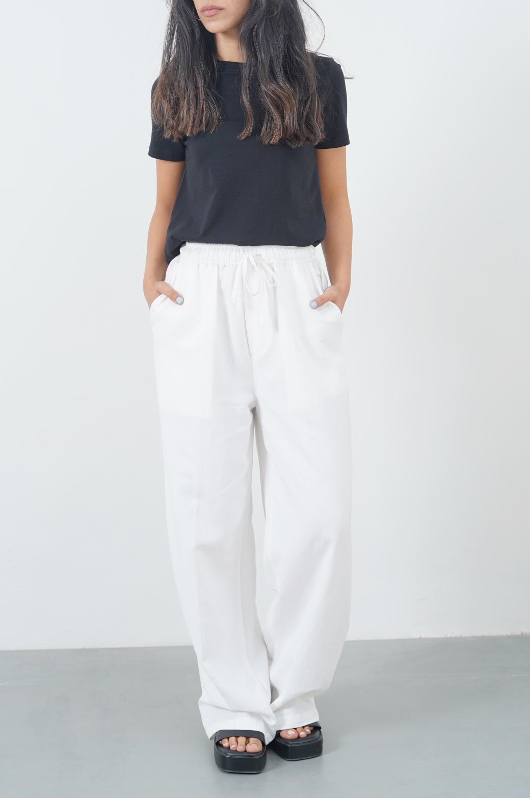 WHITE DRAWSTRING WIDE LEG PANTS